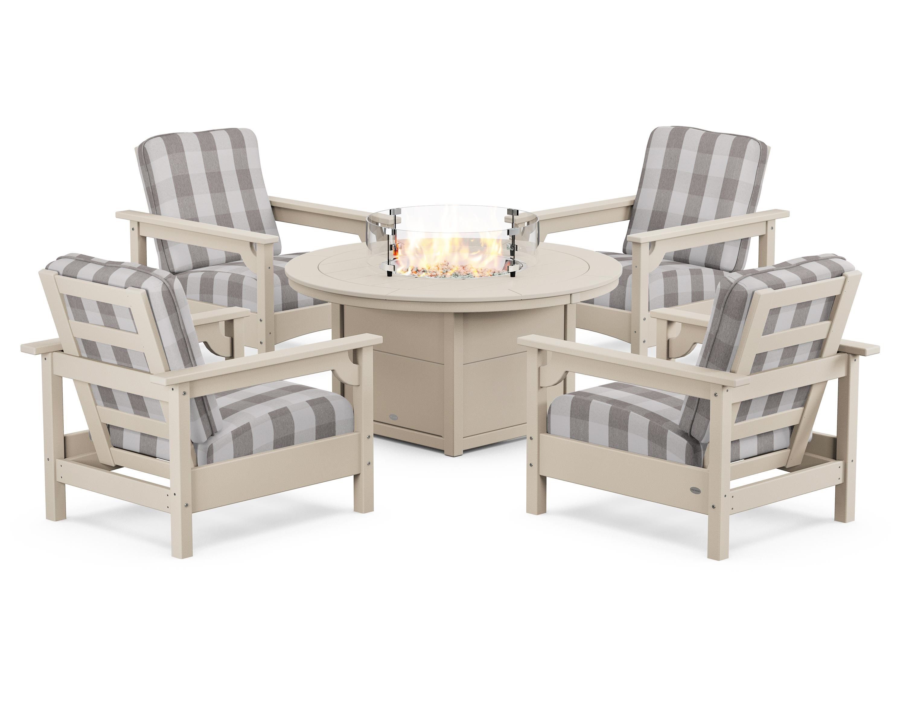 POLYWOOD® Club 5-Piece Conversation Set with Fire Pit Table in Sand / Buffalo Plaid Grey Mist
