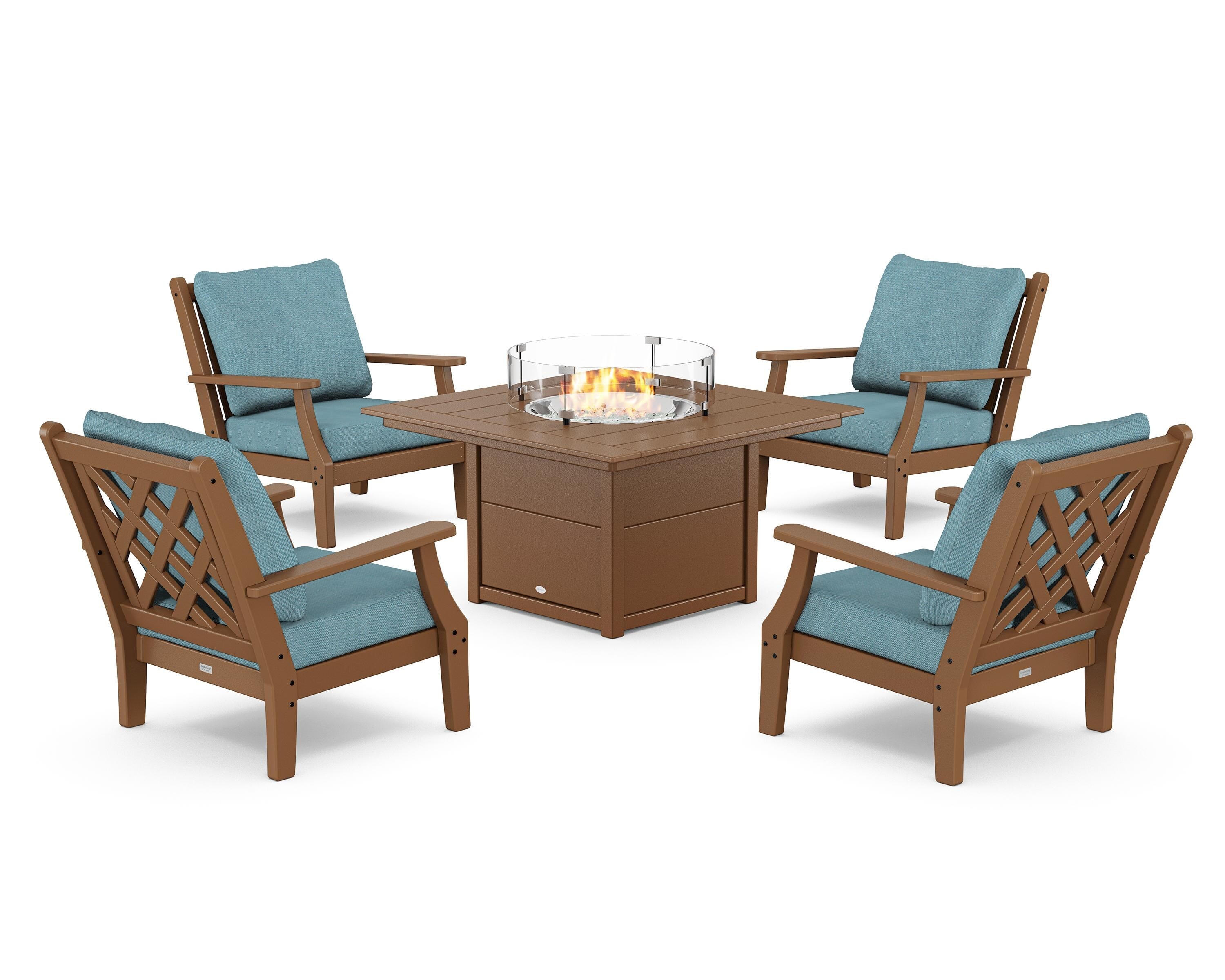 Country Living Wovendale 5-Piece Deep Seating Set with Fire Pit Table in Teak / Lattice Sky Blue