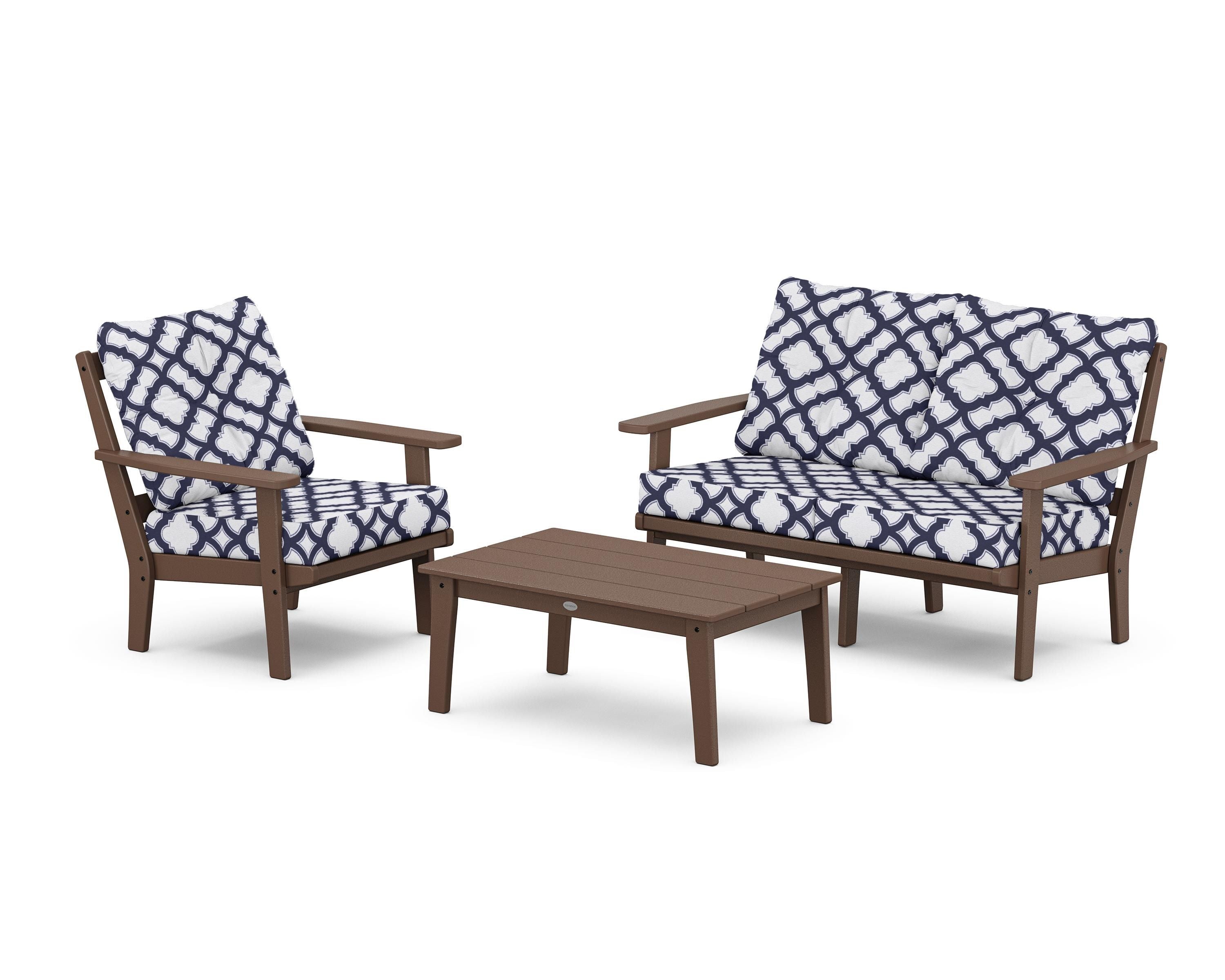 POLYWOOD® Prairie 3-Piece Deep Seating Set with Loveseat in Mahogany / Trellis Navy