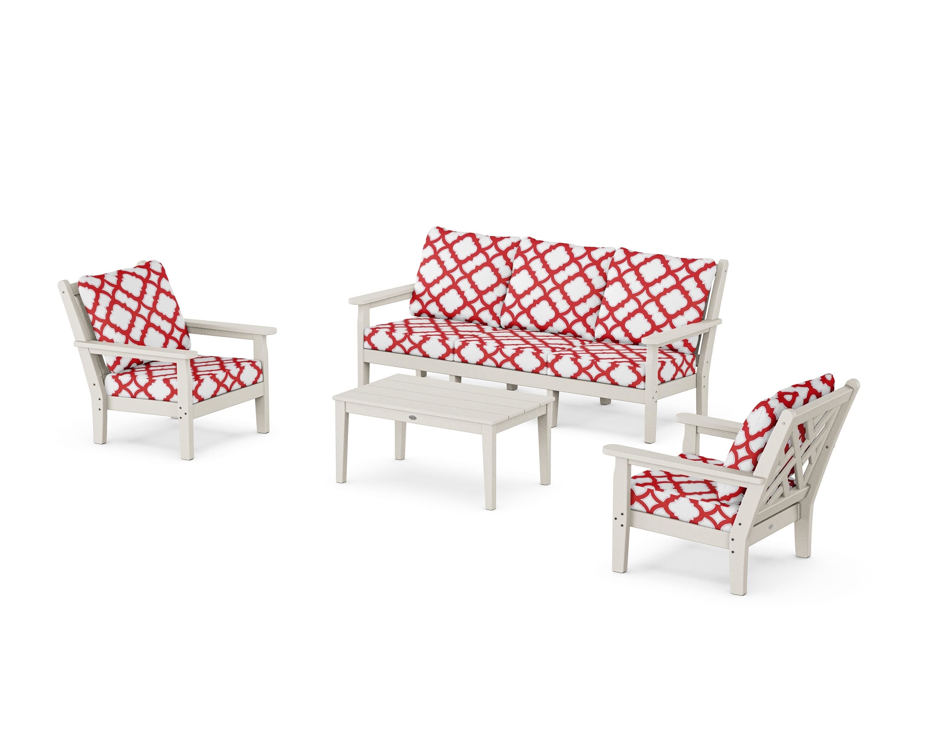 POLYWOOD® Chippendale 4-Piece Deep Seating Set with Sofa in Sand / Trellis Crimson