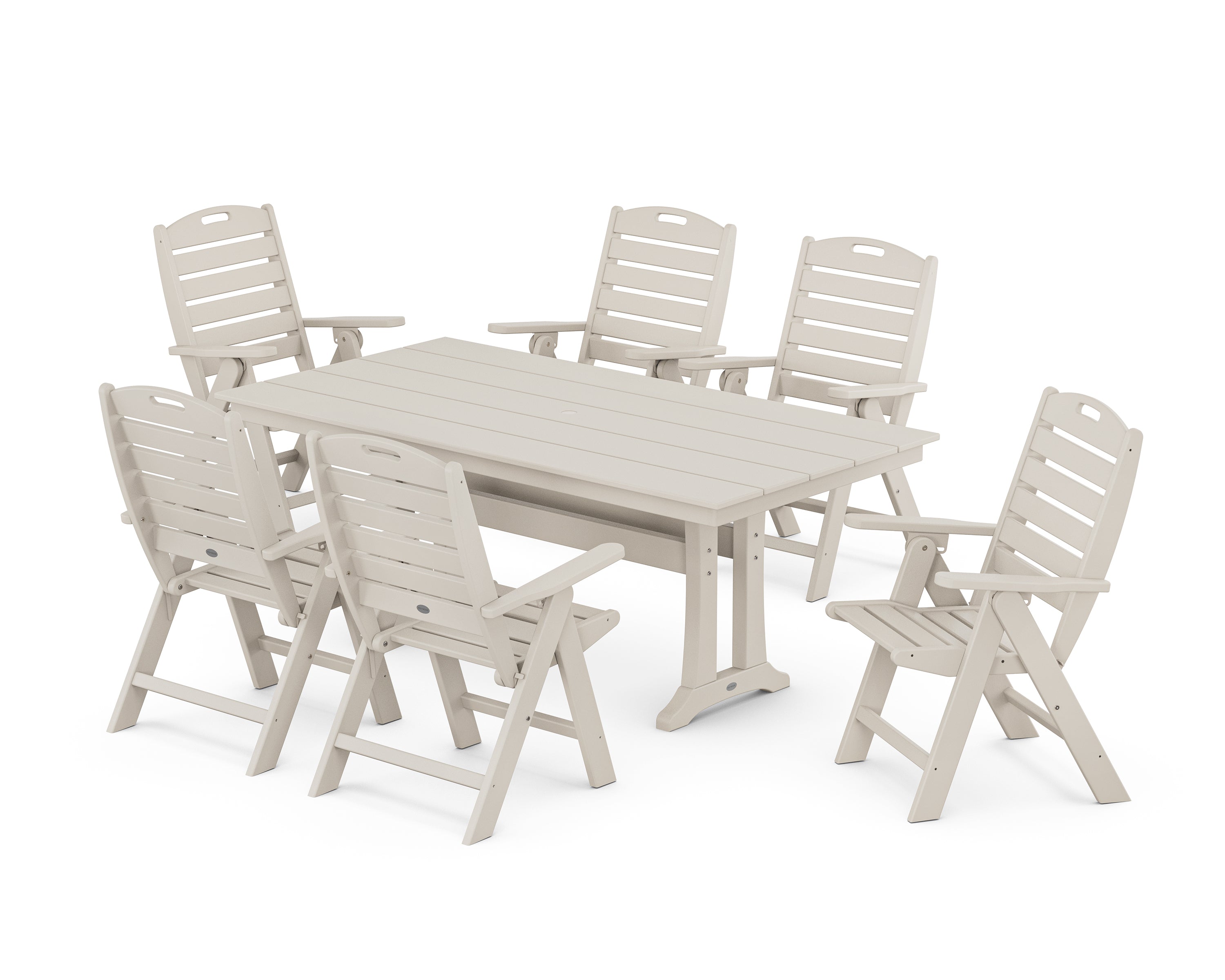 POLYWOOD® Nautical Highback 7-Piece Farmhouse Dining Set with Trestle Legs in Sand