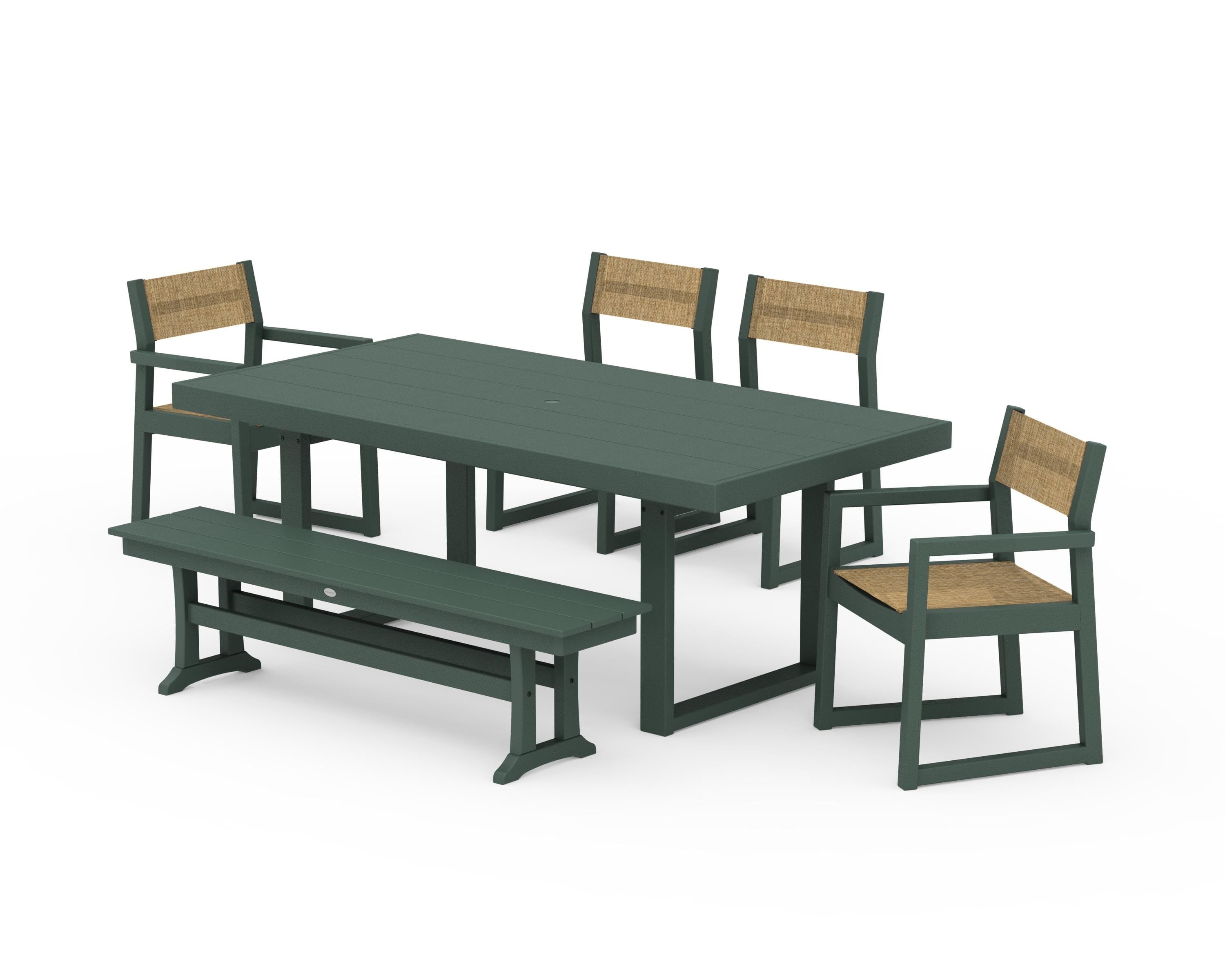 POLYWOOD® EDGE Sling 6-Piece Dining Set with Bench in Green / Burlap Sling
