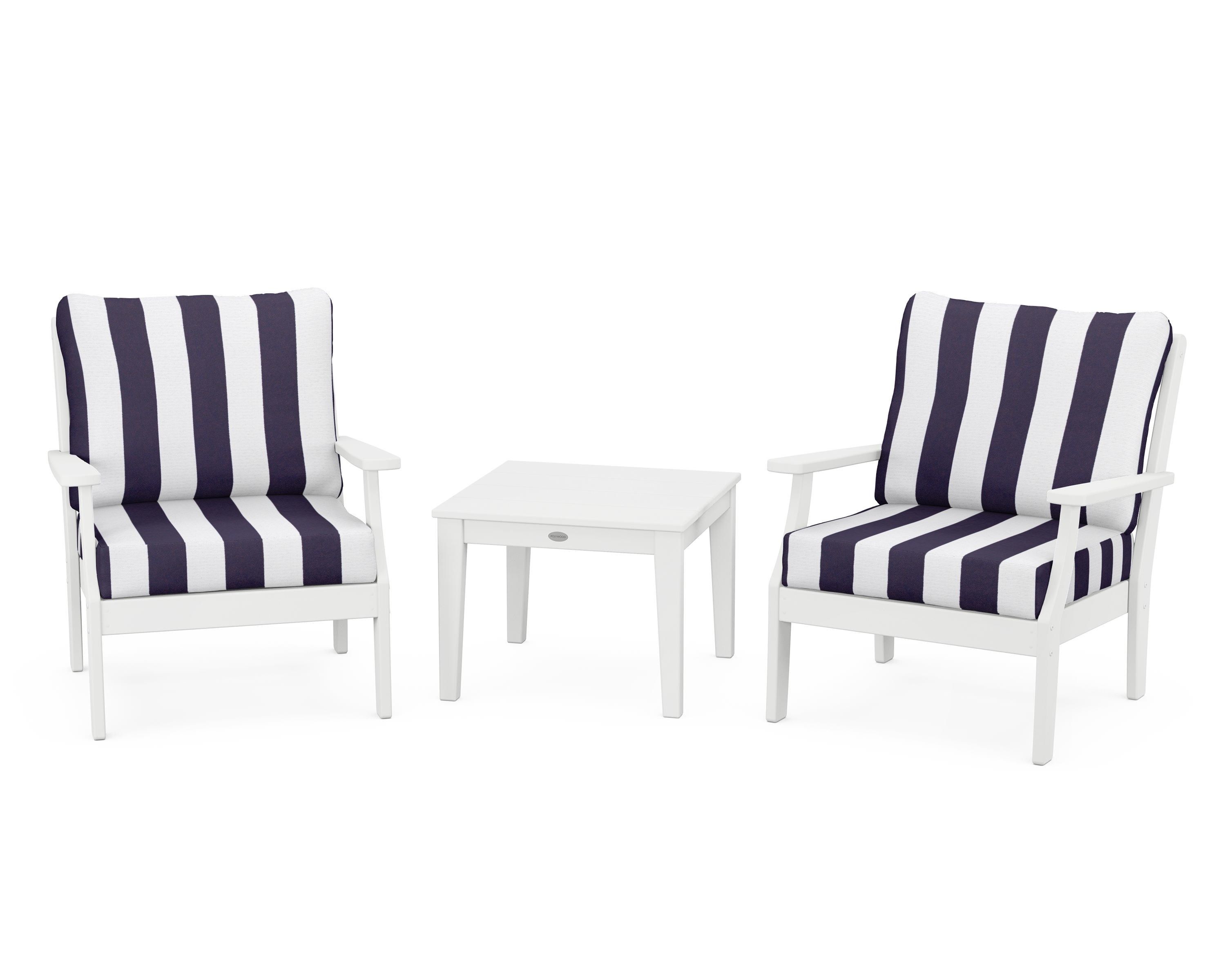 POLYWOOD® Braxton 3-Piece Deep Seating Set in White / Cabana Stripe Navy
