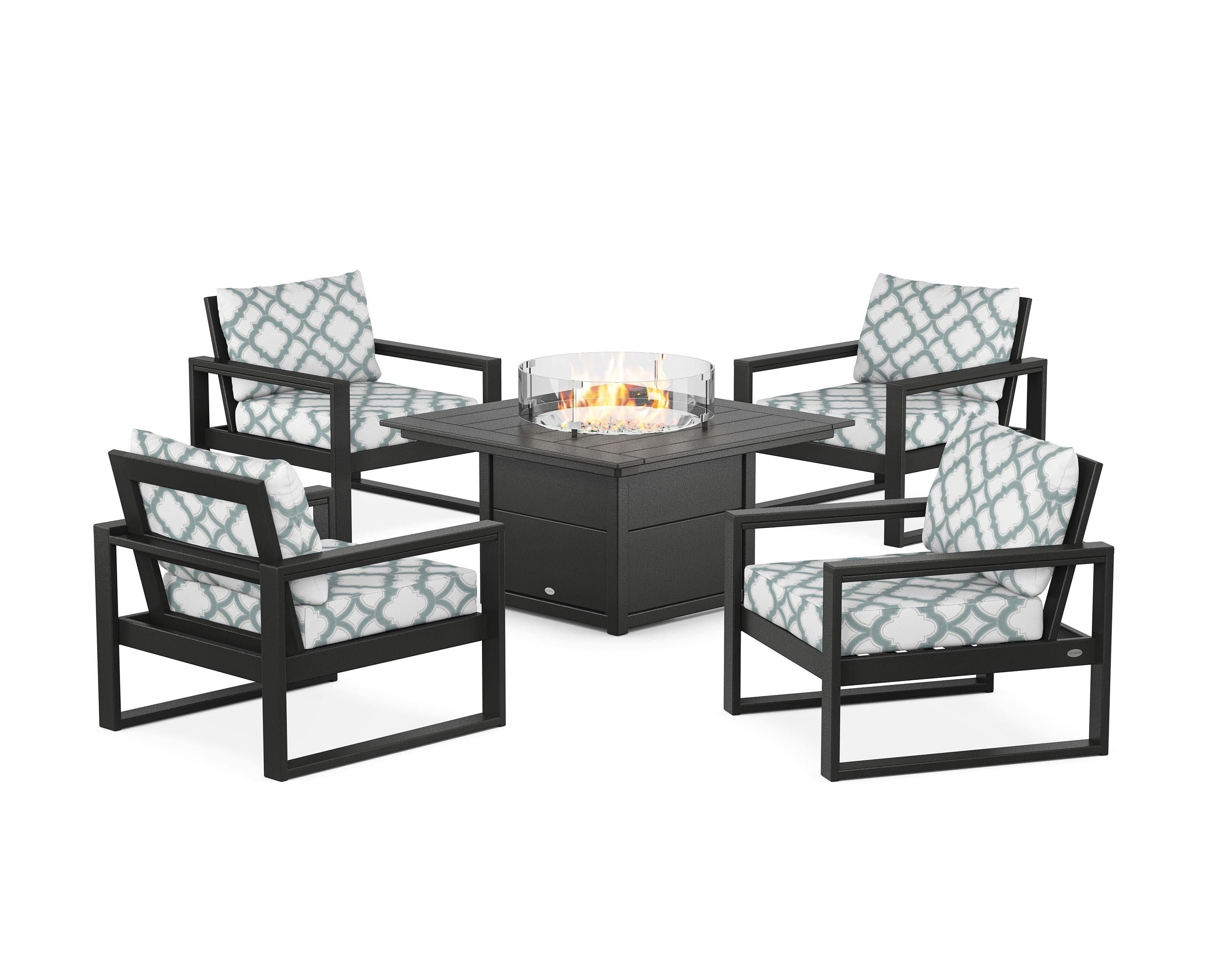 POLYWOOD® EDGE Sectional 5-Piece Deep Seating Set with Fire Pit Table in Black / Trellis Glacier Spa