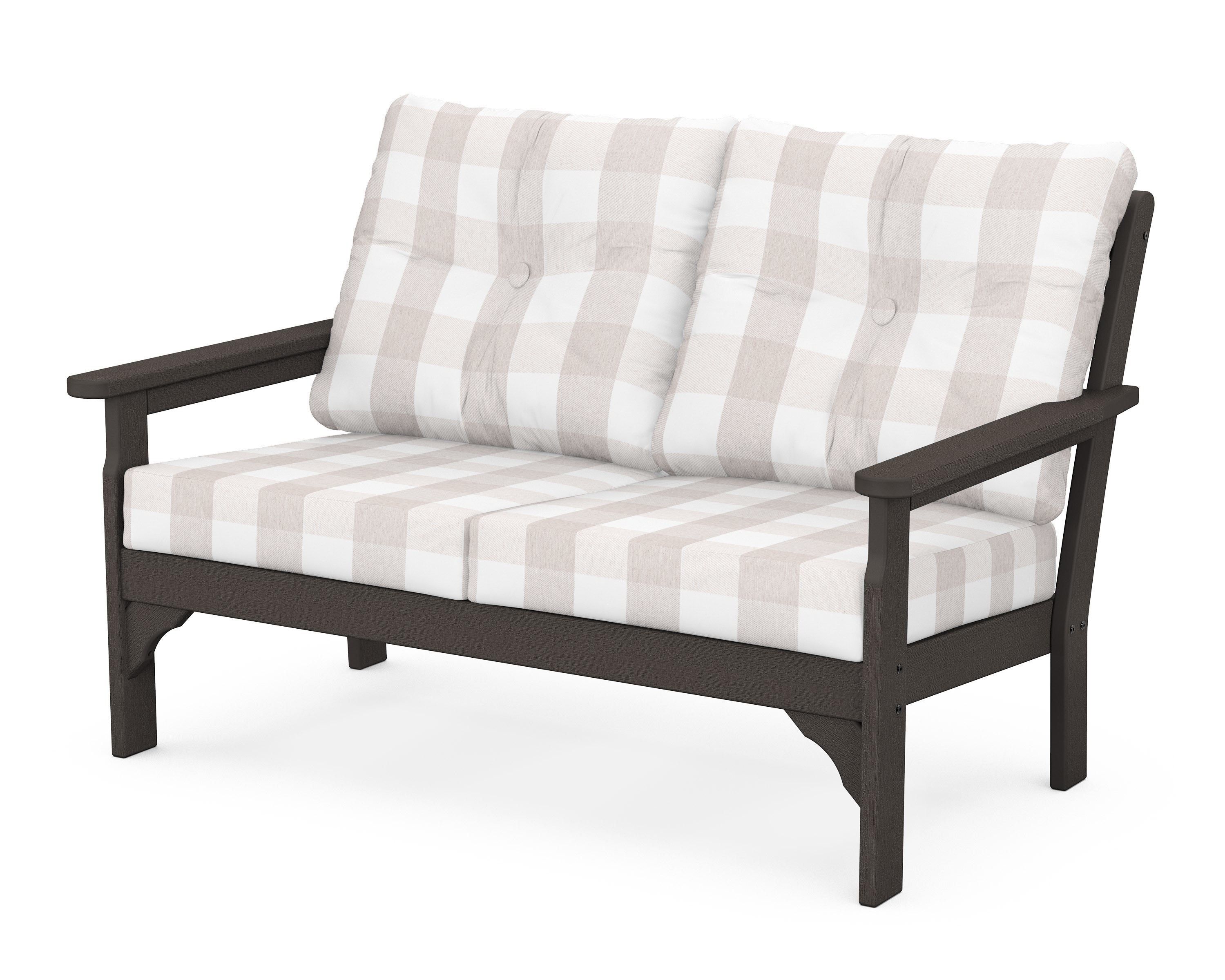 POLYWOOD® Vineyard Deep Seating Loveseat in Vintage Coffee / Buffalo Plaid Dune Burlap