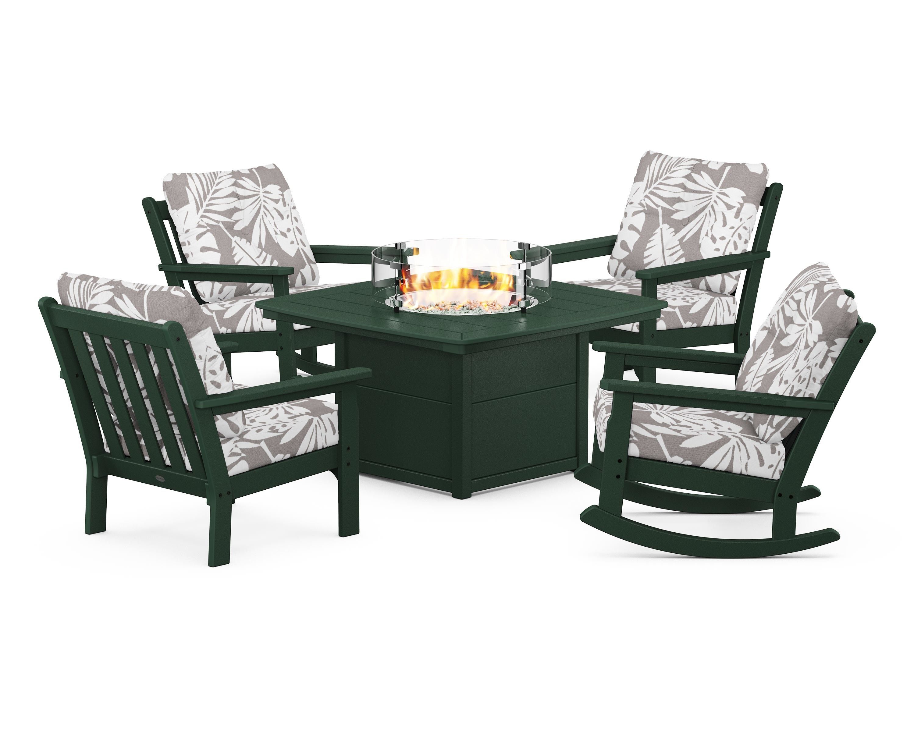 POLYWOOD® Vineyard 5-Piece Deep Seating Rocking Chair Conversation Set with Fire Pit Table in Green / Leaf Grey Mist