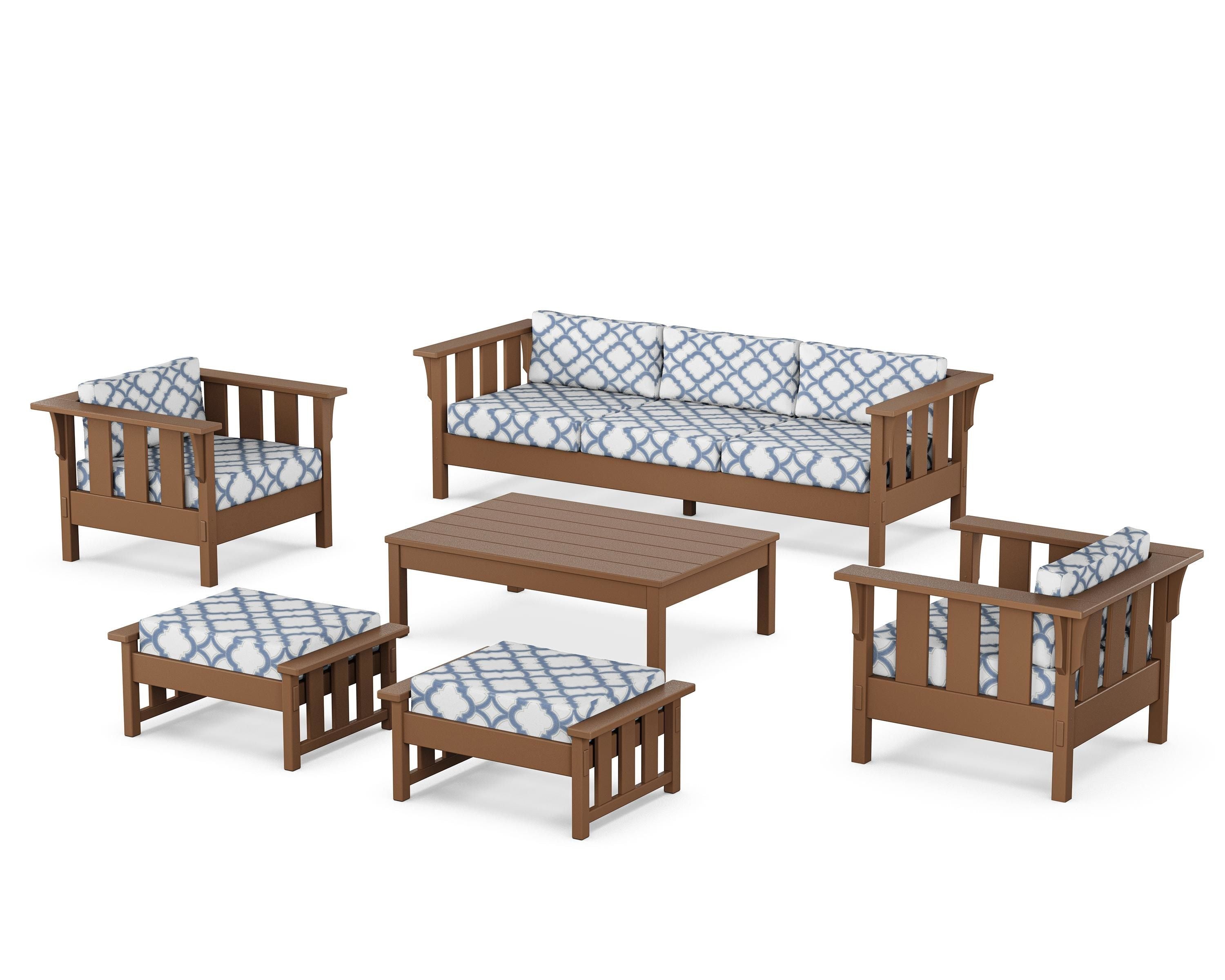 Martha Stewart by POLYWOOD® Acadia 6-Piece Lounge Sofa Set in Teak / Trellis Sky Blue