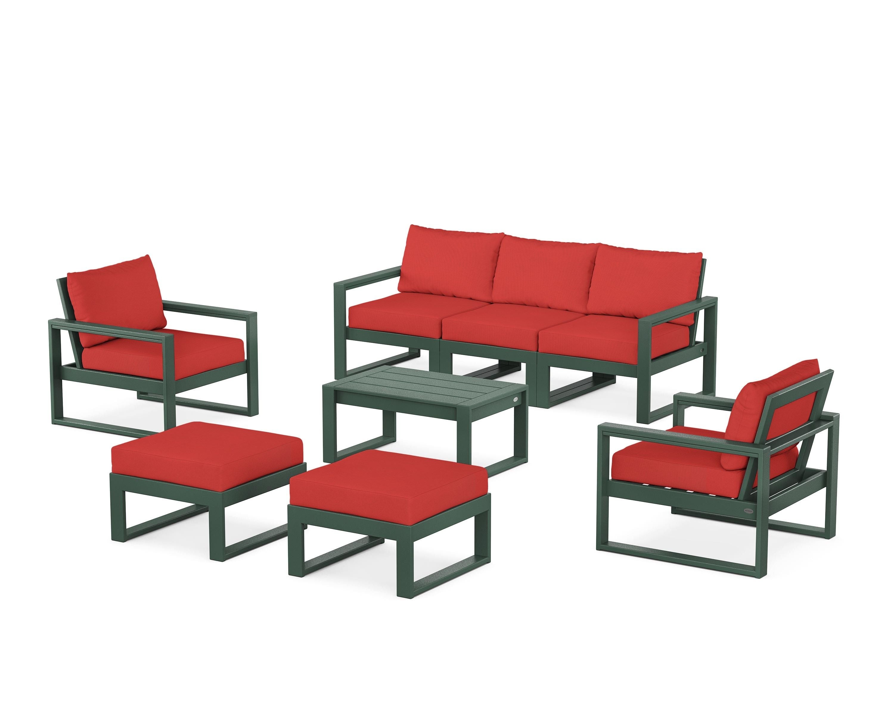 POLYWOOD® EDGE Sectional 8-Piece Lounge Sofa Set in Green / Crimson Linen