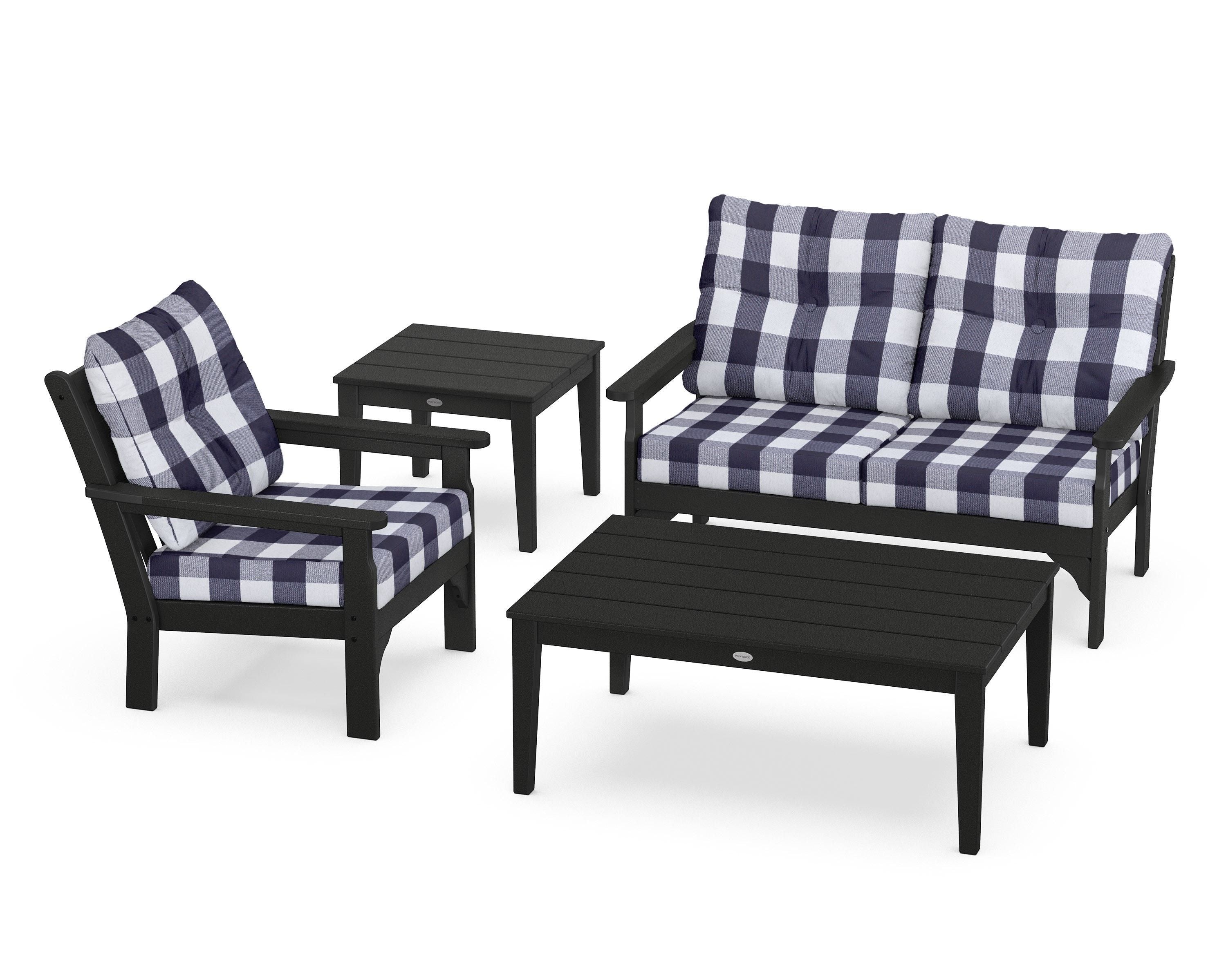 POLYWOOD® Vineyard 4-Piece Deep Seating Set in Black / Buffalo Plaid Navy