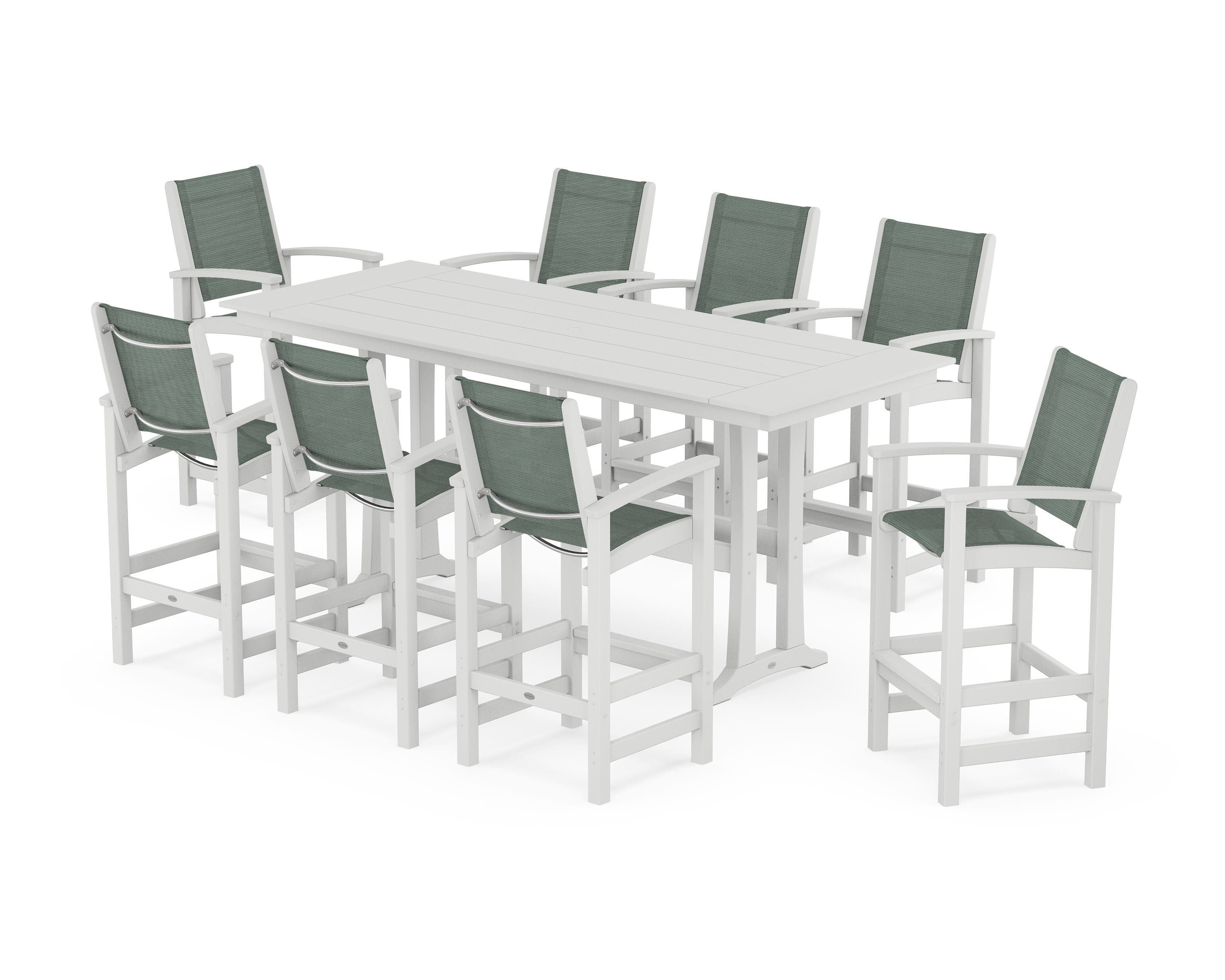 POLYWOOD® Coastal 9-Piece Farmhouse Bar Set with Trestle Legs in White / Dupioni Sea Mist Sling