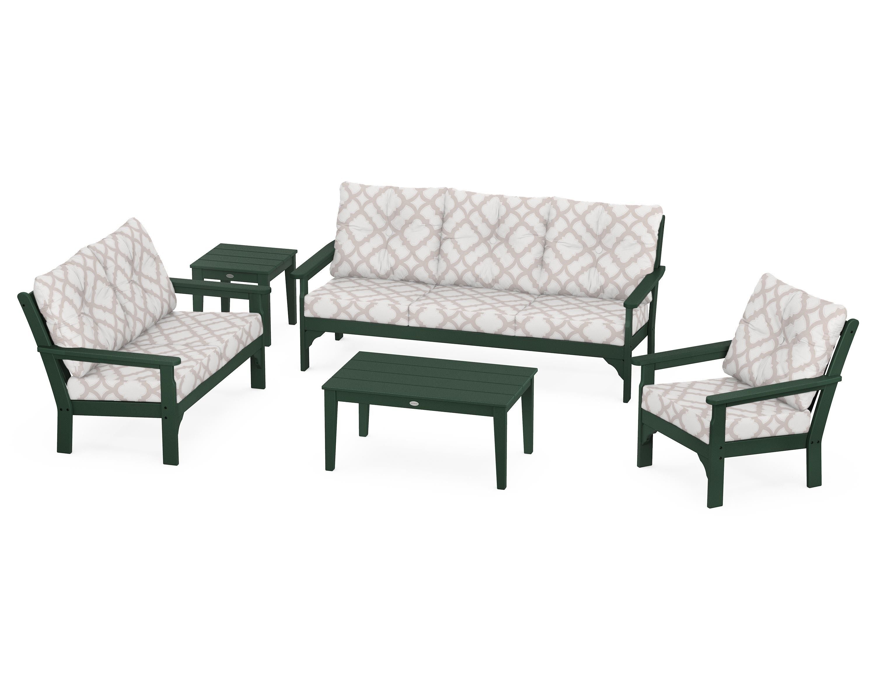 POLYWOOD® Vineyard 5 Piece Deep Seating Set in Green / Trellis Dune Burlap
