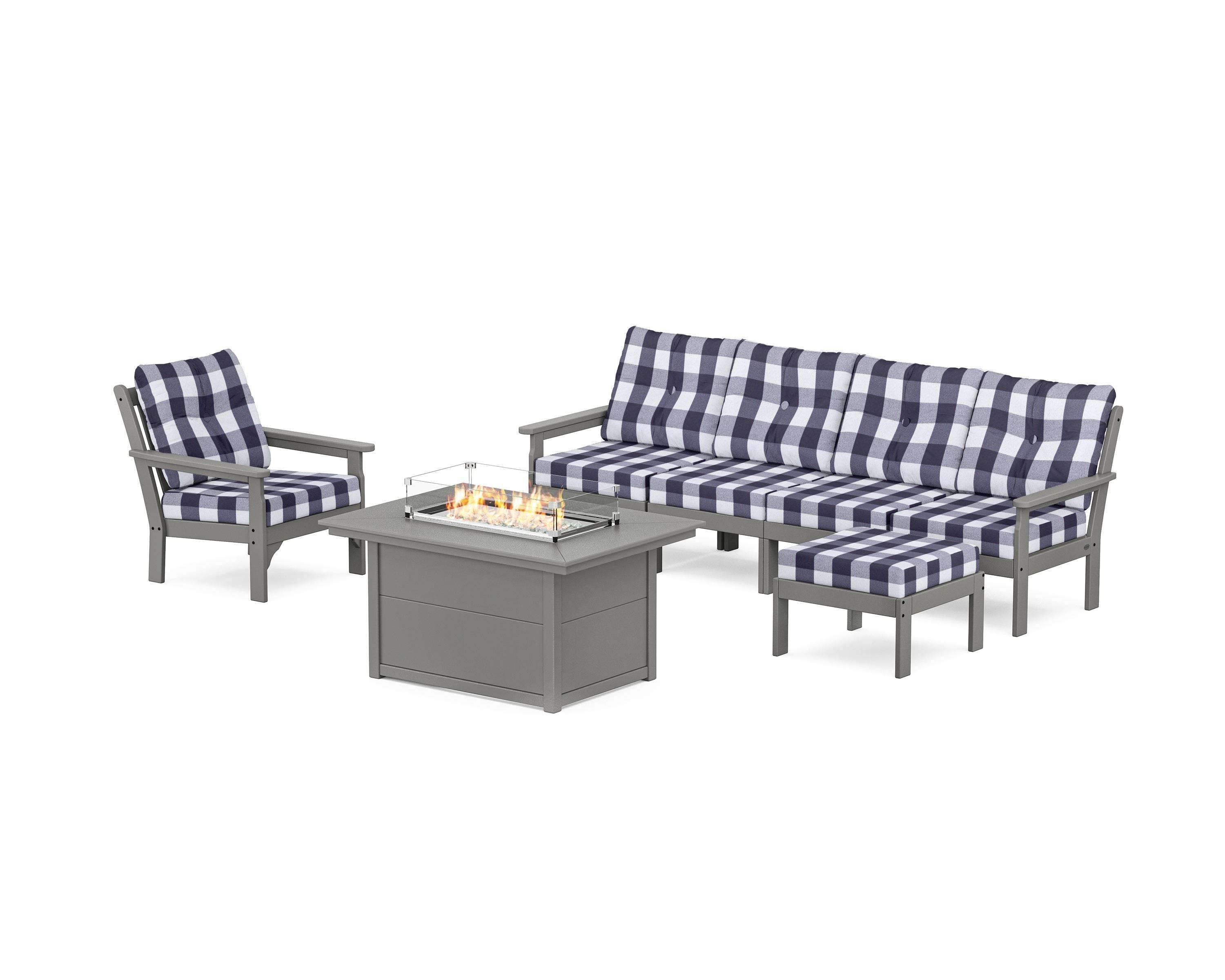 POLYWOOD® Vineyard Sectional Lounge and Fire Pit Set in Slate Grey / Buffalo Plaid Navy