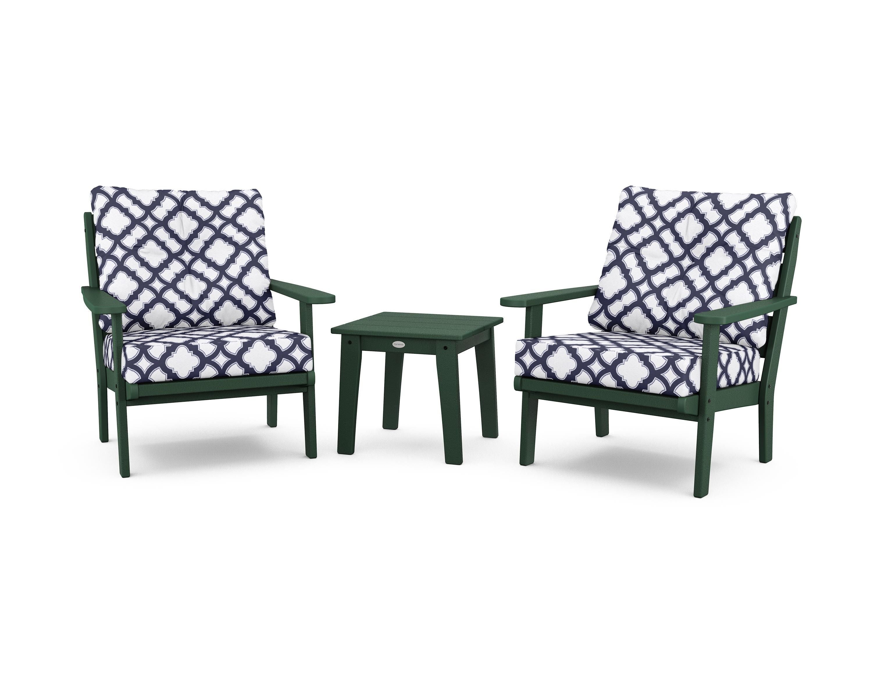 POLYWOOD® Lakeside 3-Piece Deep Seating Chair Set in Green / Trellis Navy