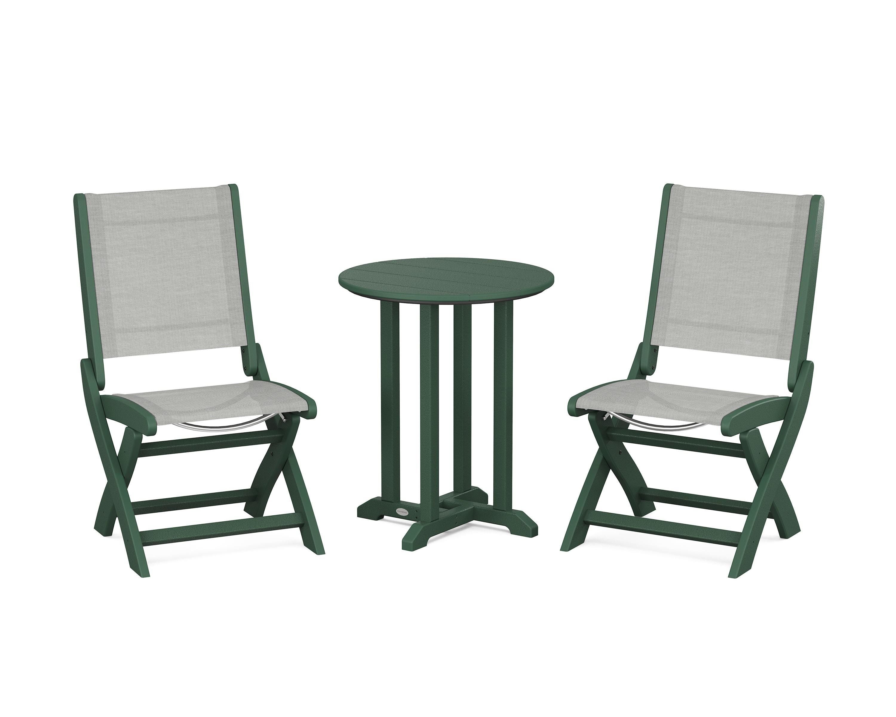 POLYWOOD® Coastal Folding Side Chair 3-Piece Round Bistro Dining Set in Green / Metallic Sling