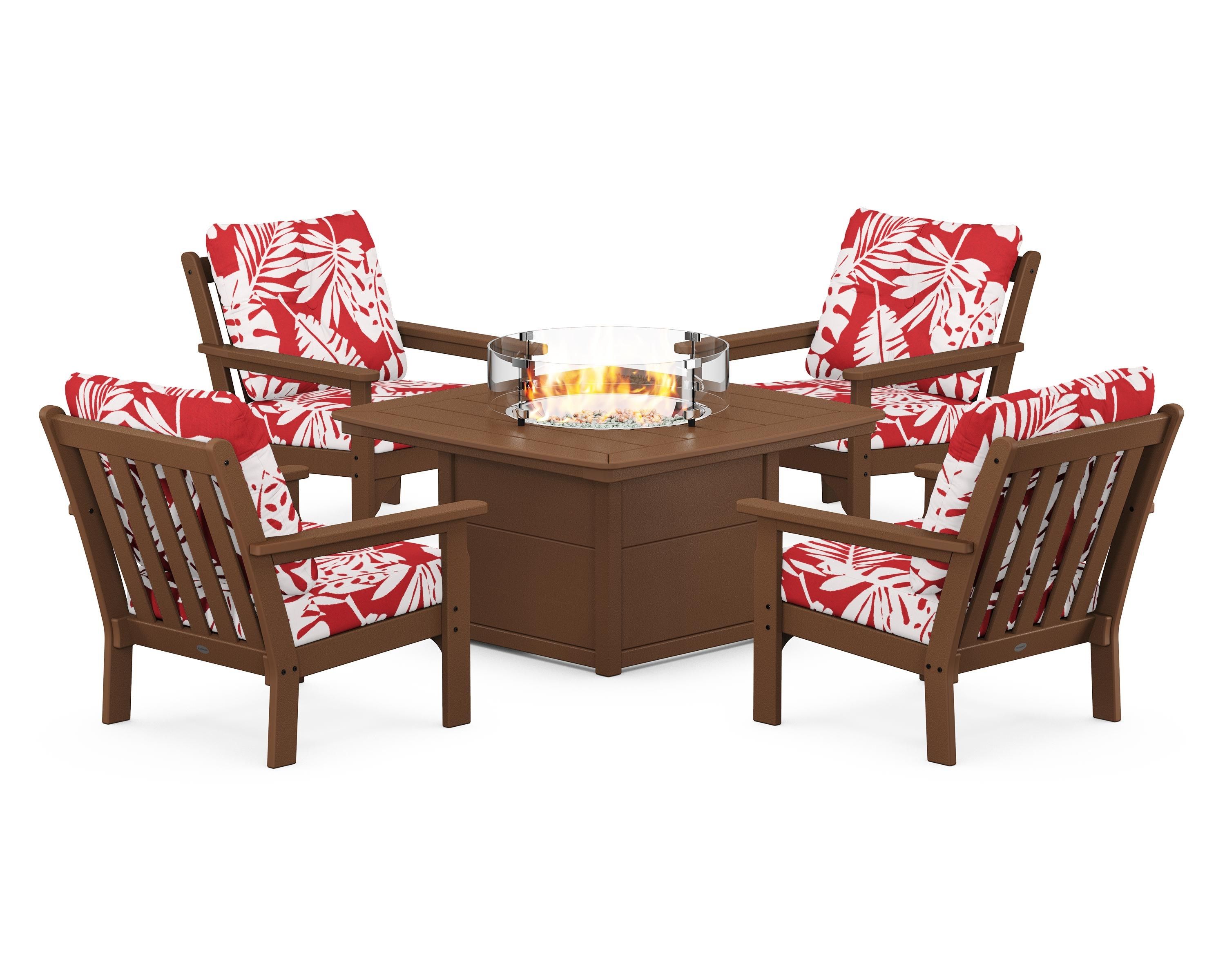 POLYWOOD® Vineyard 5-Piece Conversation Set with Fire Pit Table in Teak / Leaf Crimson