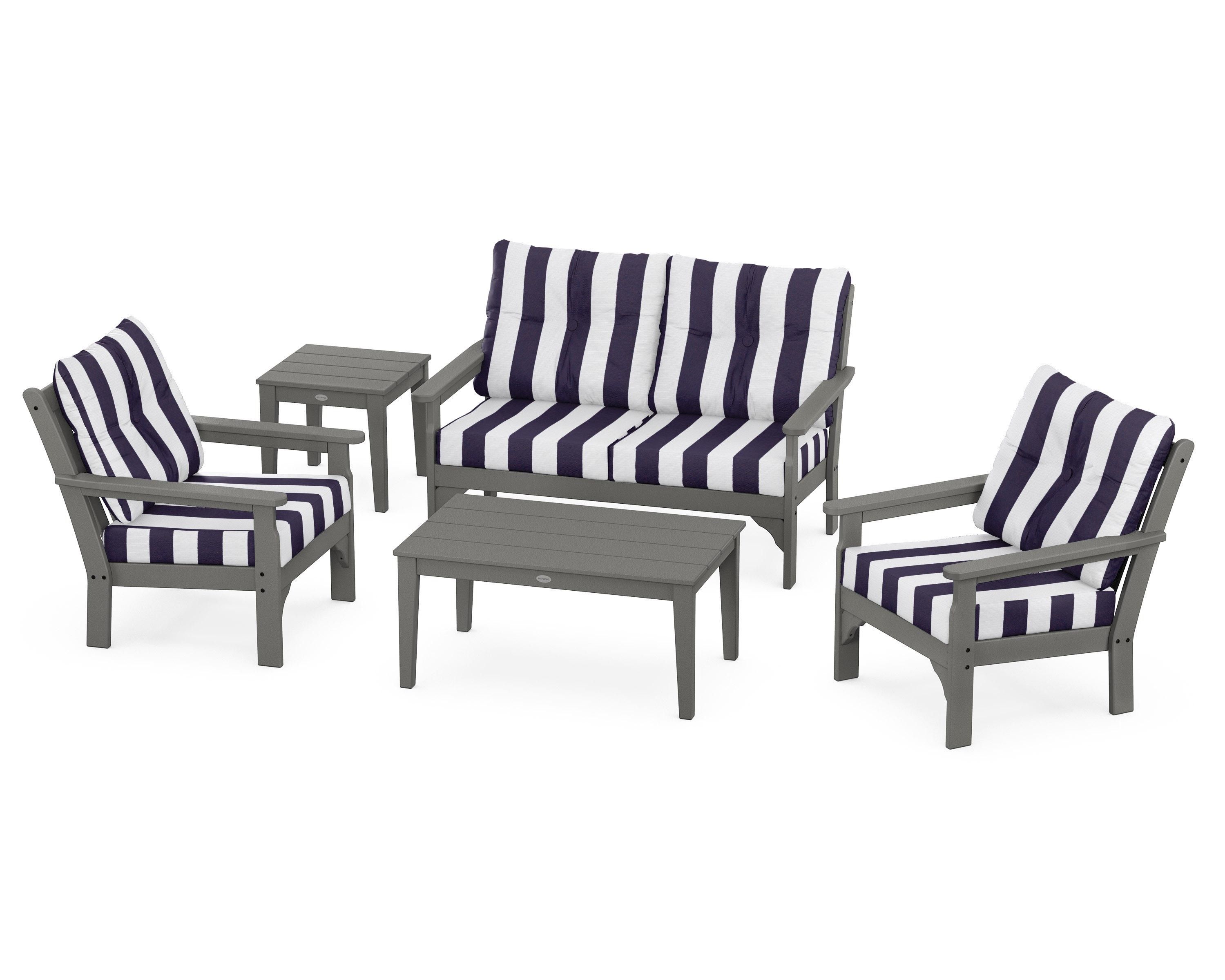 POLYWOOD® Vineyard 5-Piece Deep Seating Set in Slate Grey / Cabana Stripe Navy