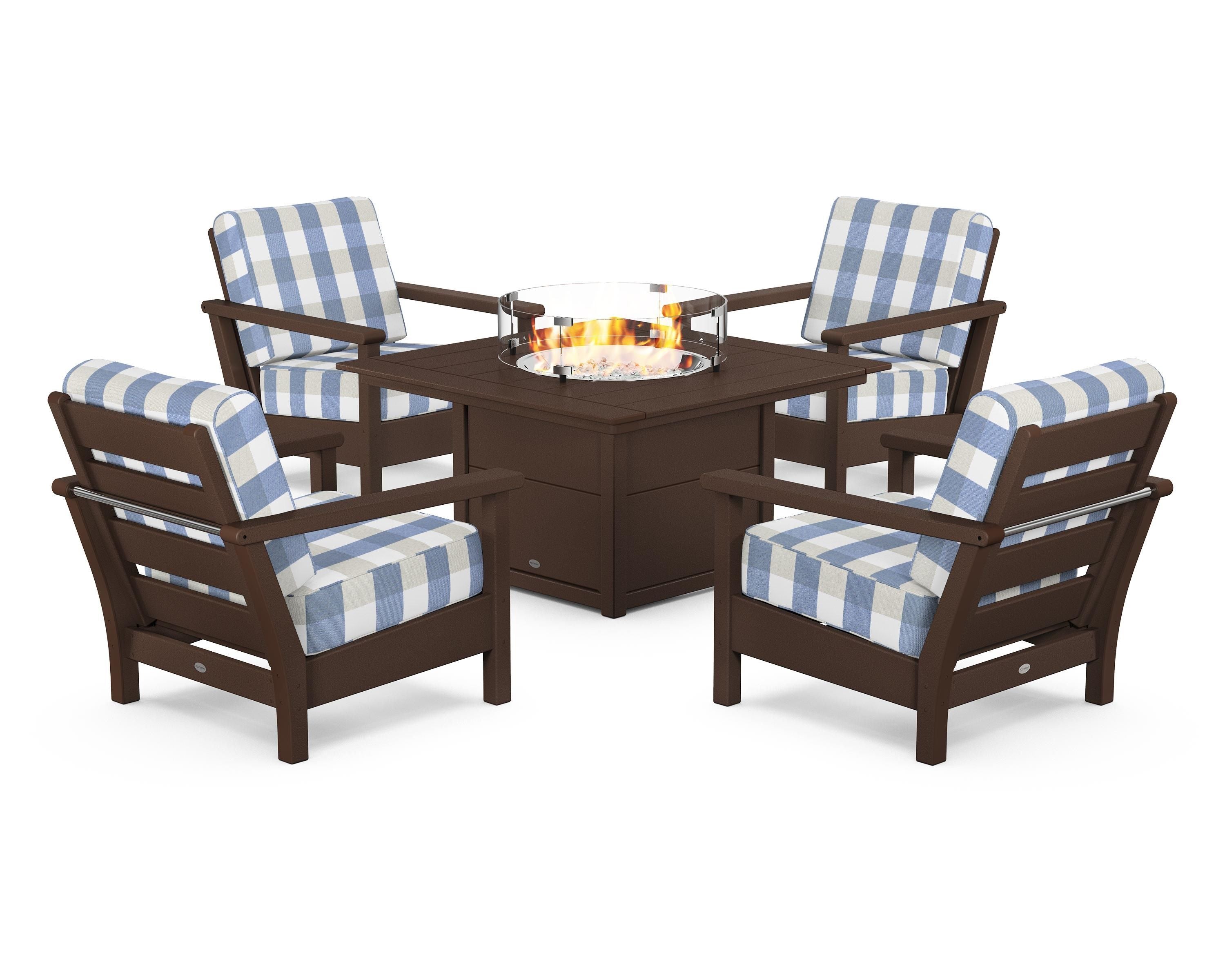 POLYWOOD® Harbour 5-Piece Conversation Set with Fire Pit Table in Mahogany / Buffalo Plaid Sky Blue