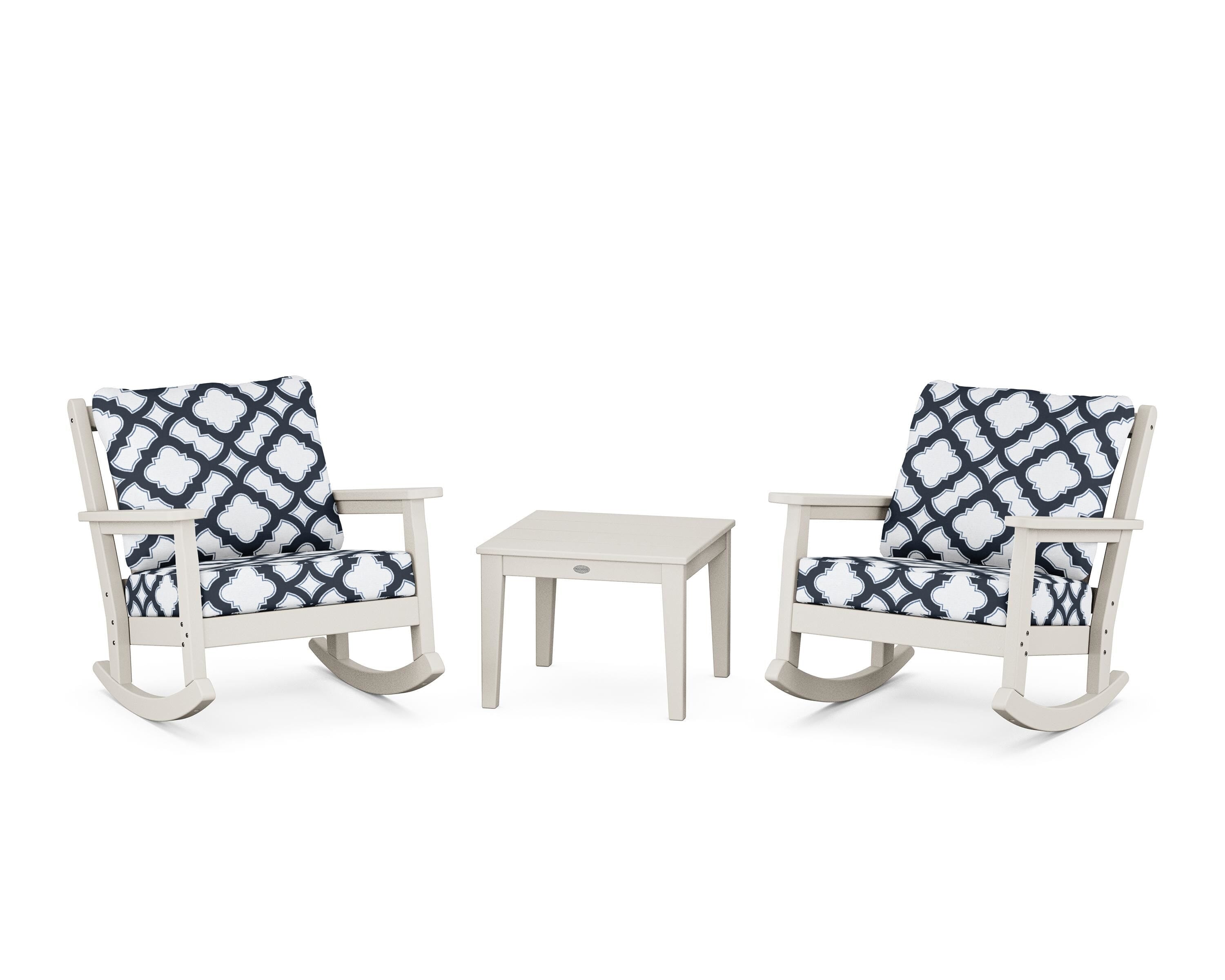 POLYWOOD® Chippendale 3-Piece Deep Seating Rocker Set in Sand / Trellis Marine Indigo