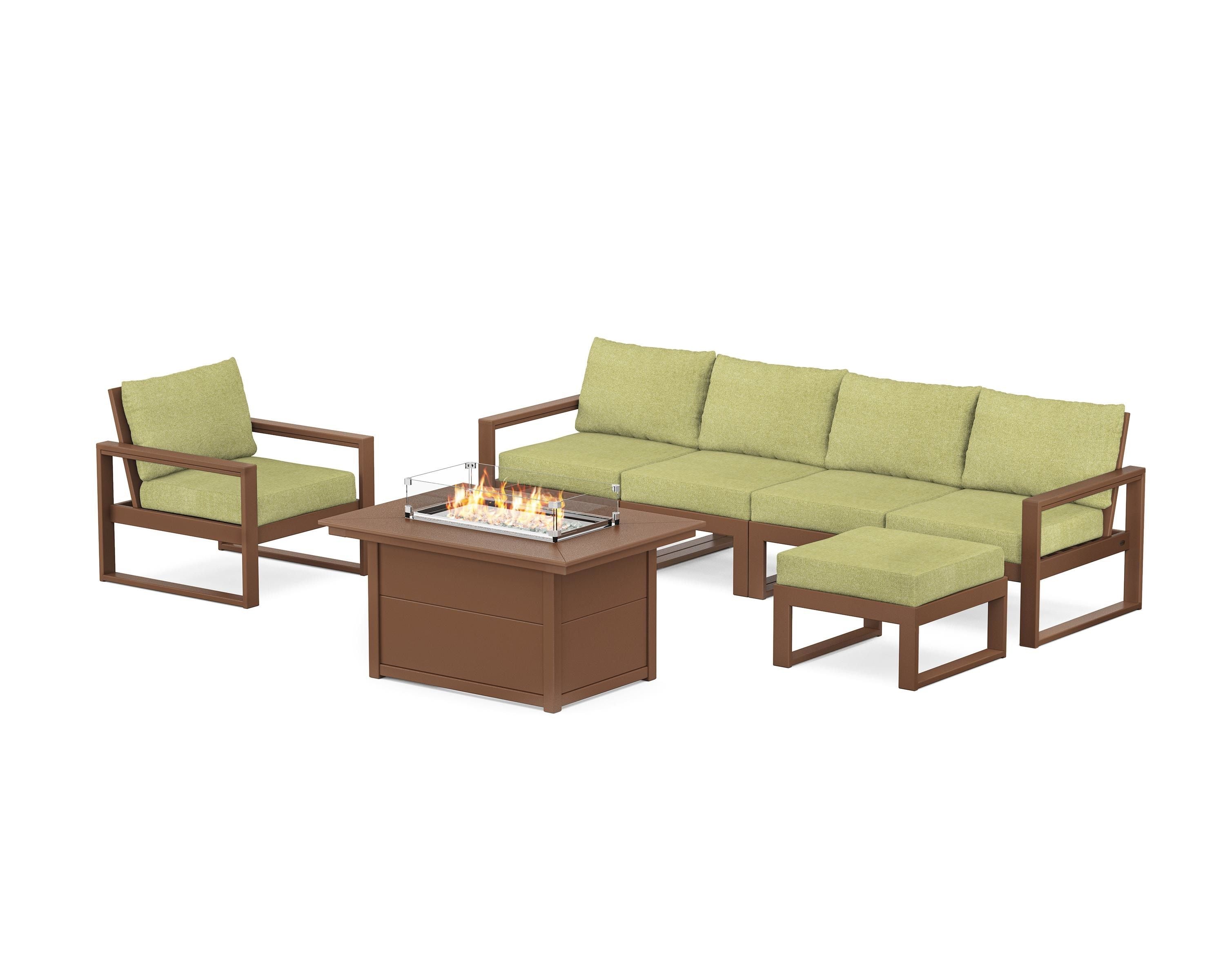 POLYWOOD® EDGE Sectional Lounge and Fire Pit Set in Teak / Chartreuse Boucle