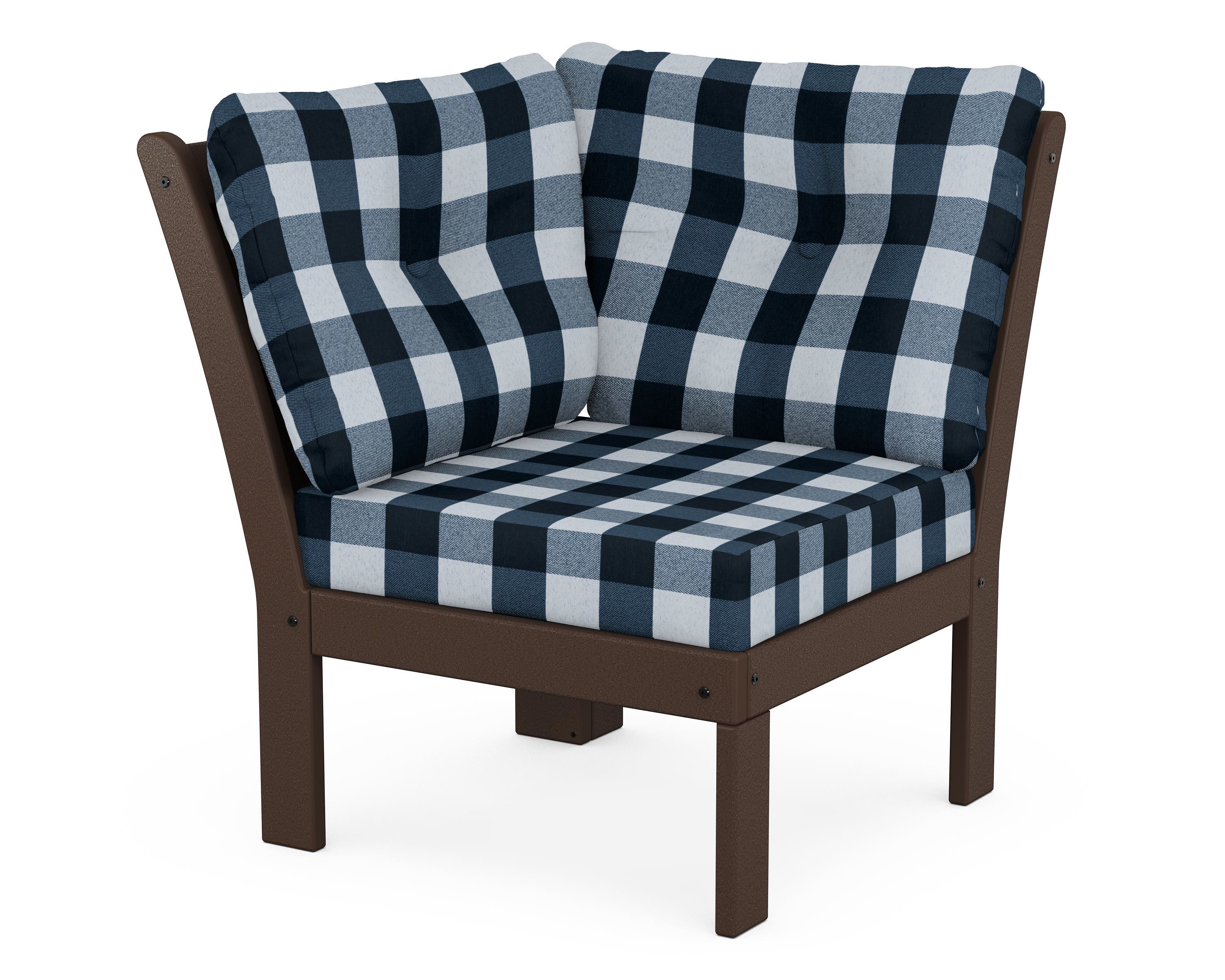 POLYWOOD® Vineyard Modular Corner Chair in Mahogany / Buffalo Plaid Marine Indigo