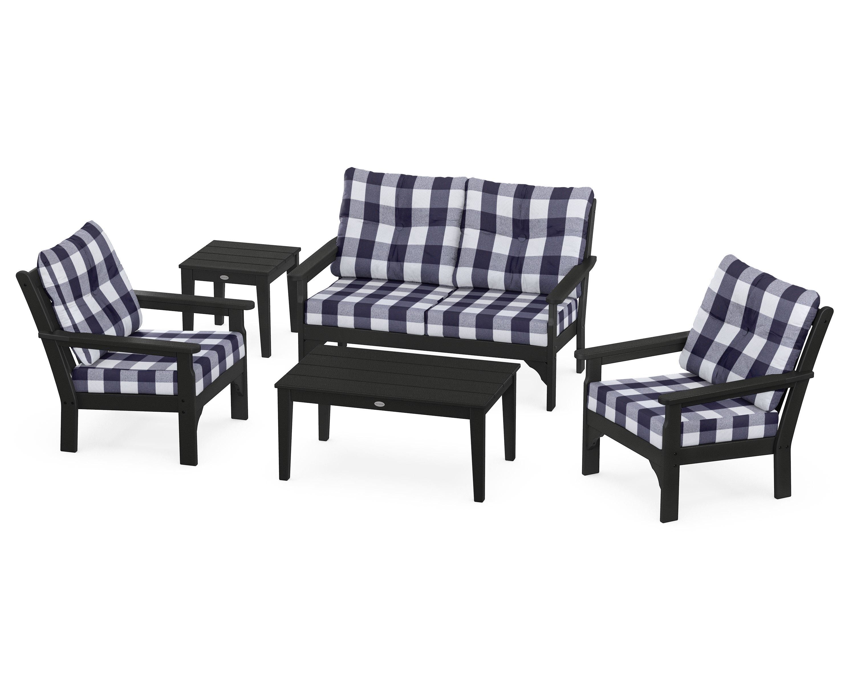 POLYWOOD® Vineyard 5-Piece Deep Seating Set in Black / Buffalo Plaid Navy
