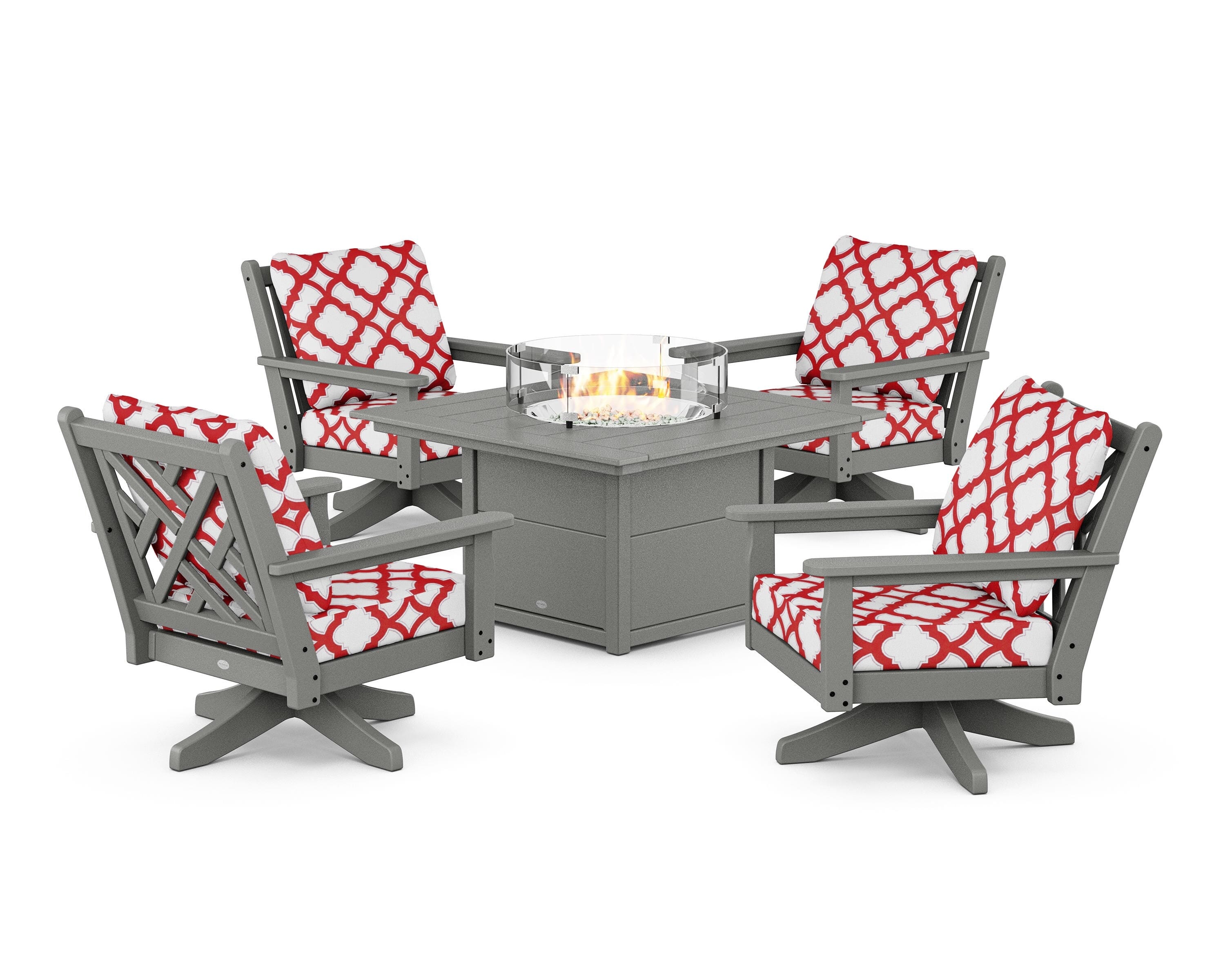 POLYWOOD® Chippendale 5-Piece Deep Seating Swivel Conversation Set with Fire Pit Table in Slate Grey / Trellis Crimson