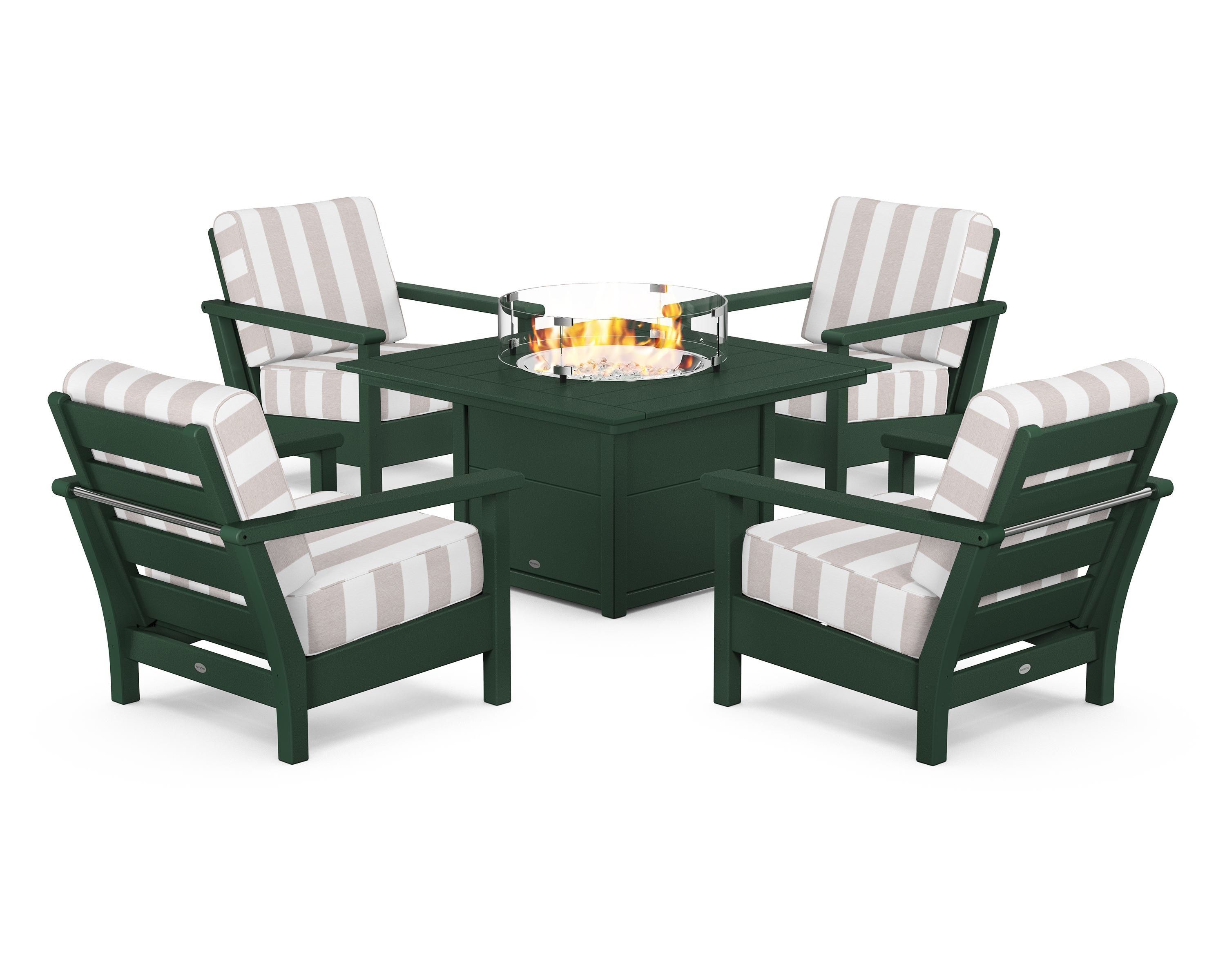 POLYWOOD® Harbour 5-Piece Conversation Set with Fire Pit Table in Green / Cabana Stripe Dune Burlap