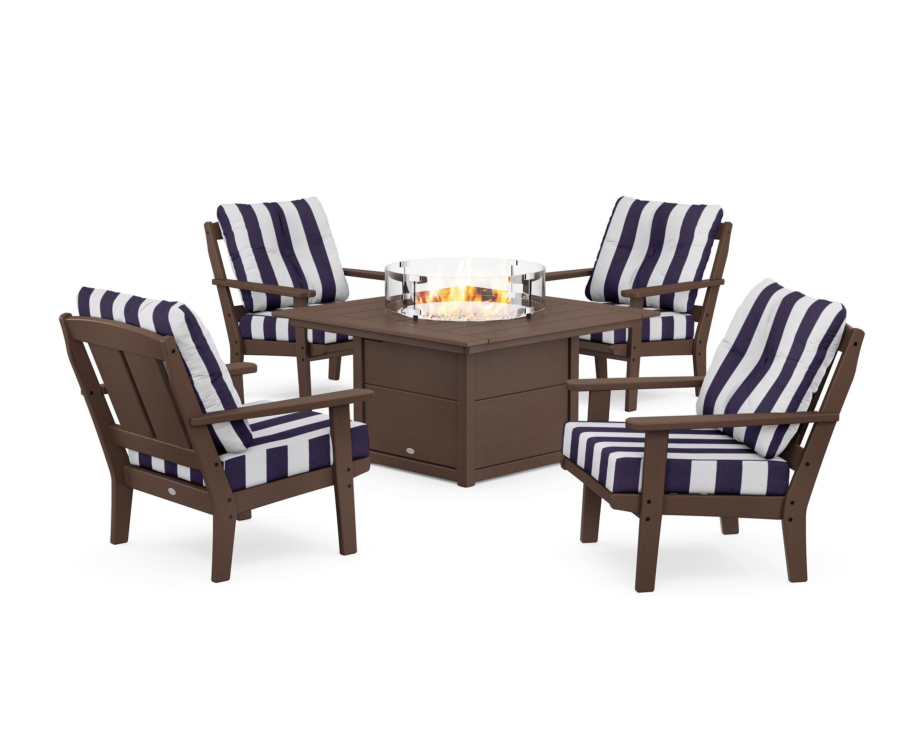 POLYWOOD® Mission 5-Piece Deep Seating Set with Fire Pit Table in Mahogany / Cabana Stripe Navy