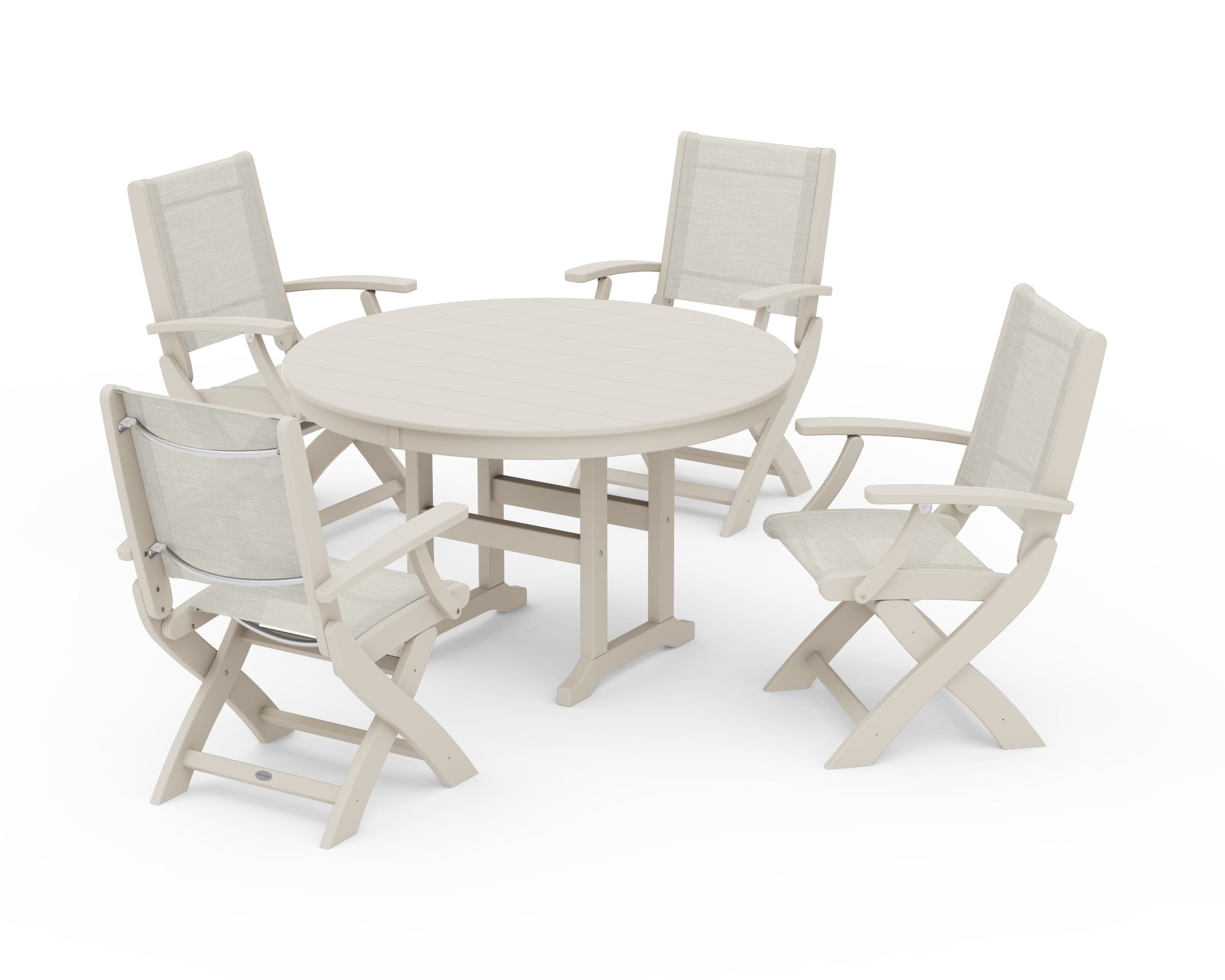 POLYWOOD® Coastal Folding Chair 5-Piece Round Dining Set in Sand / Parchment Sling