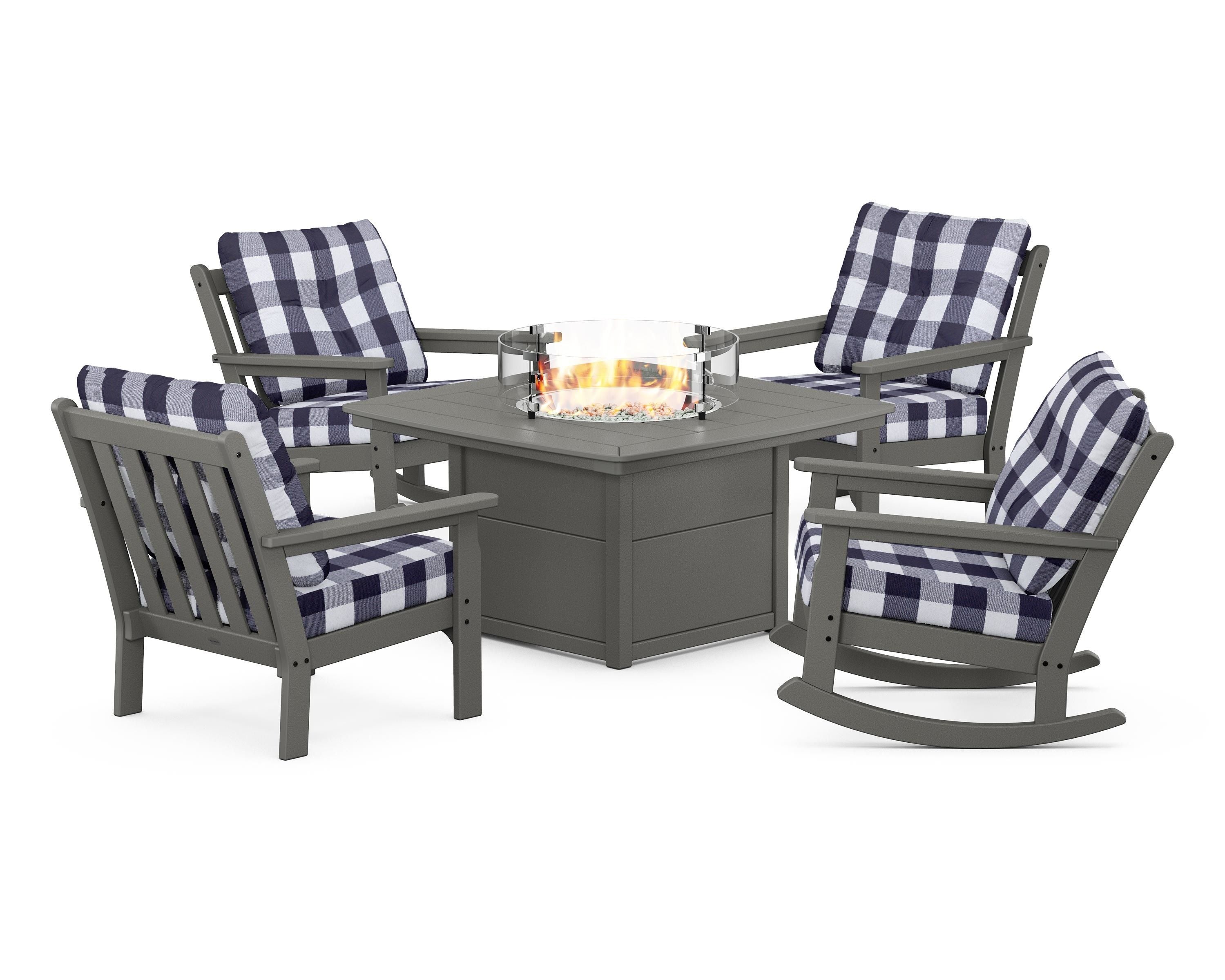 POLYWOOD® Vineyard 5-Piece Deep Seating Rocking Chair Conversation Set with Fire Pit Table in Slate Grey / Buffalo Plaid Navy