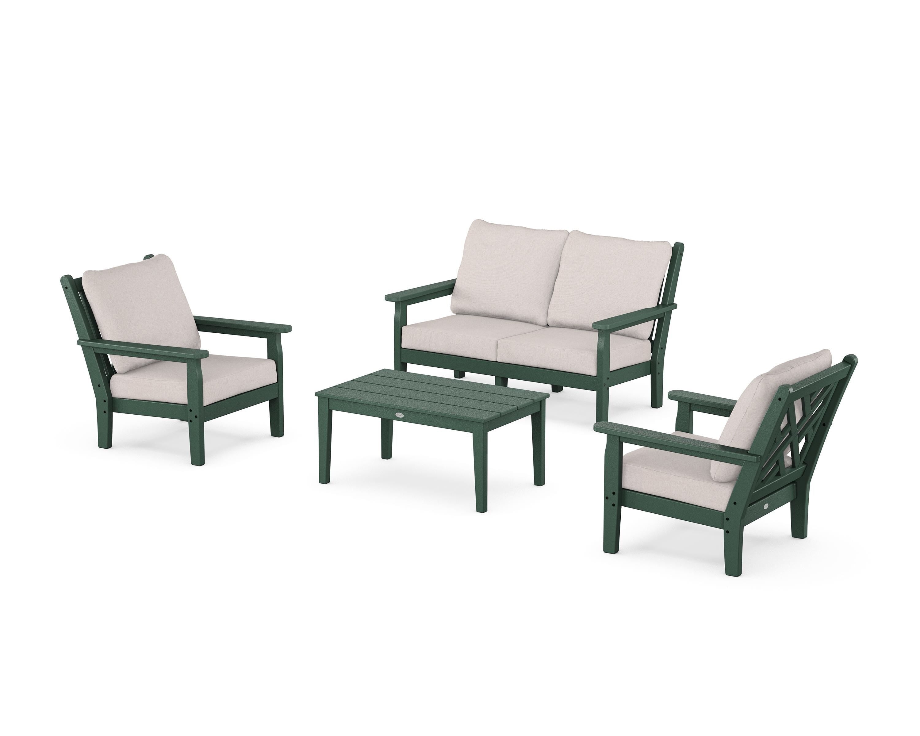 POLYWOOD® Chippendale 4-Piece Deep Seating Set with Loveseat in Green / Dune Burlap