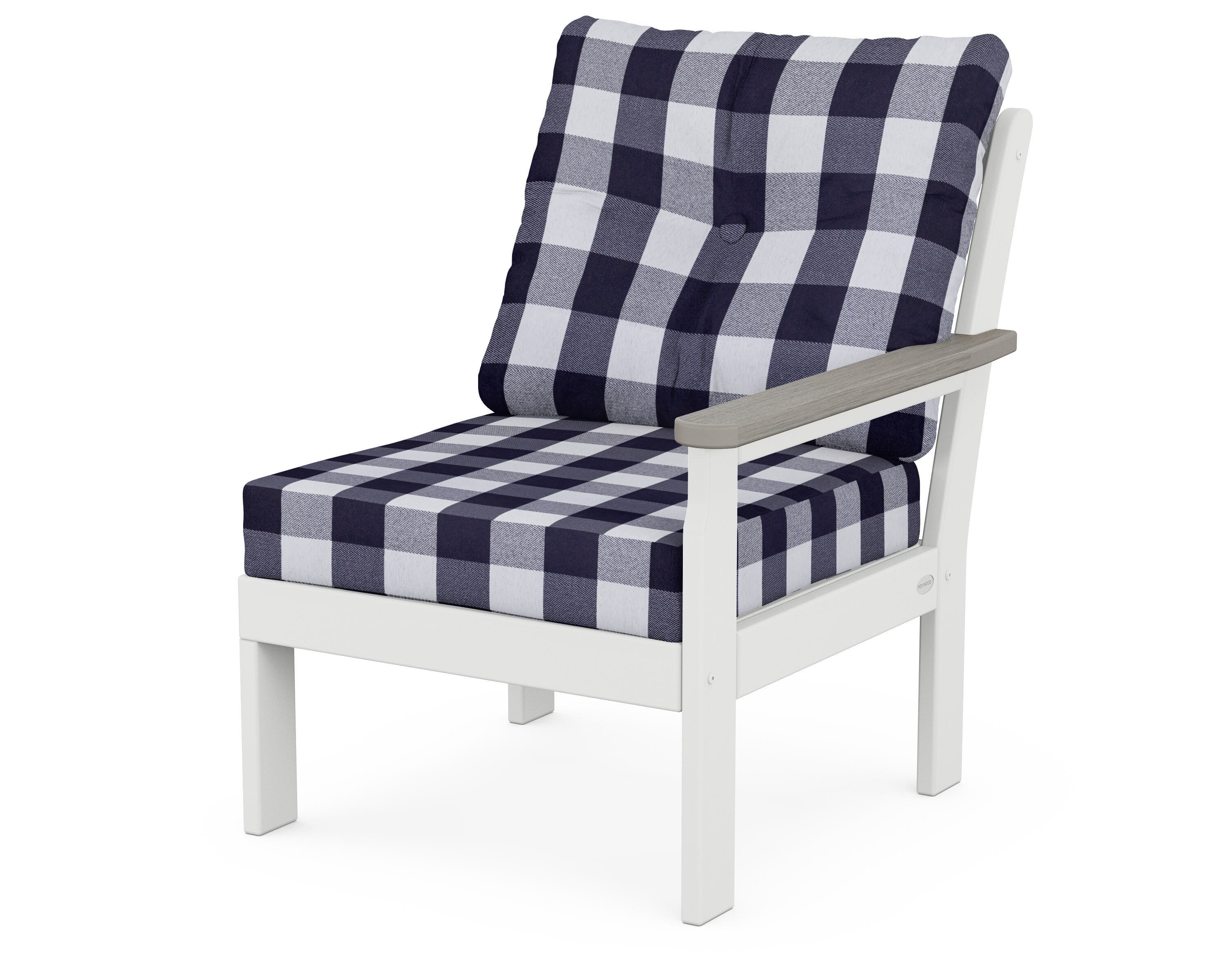 POLYWOOD® Vineyard Modular Right Arm Chair in White / Driftwood / Buffalo Plaid Navy