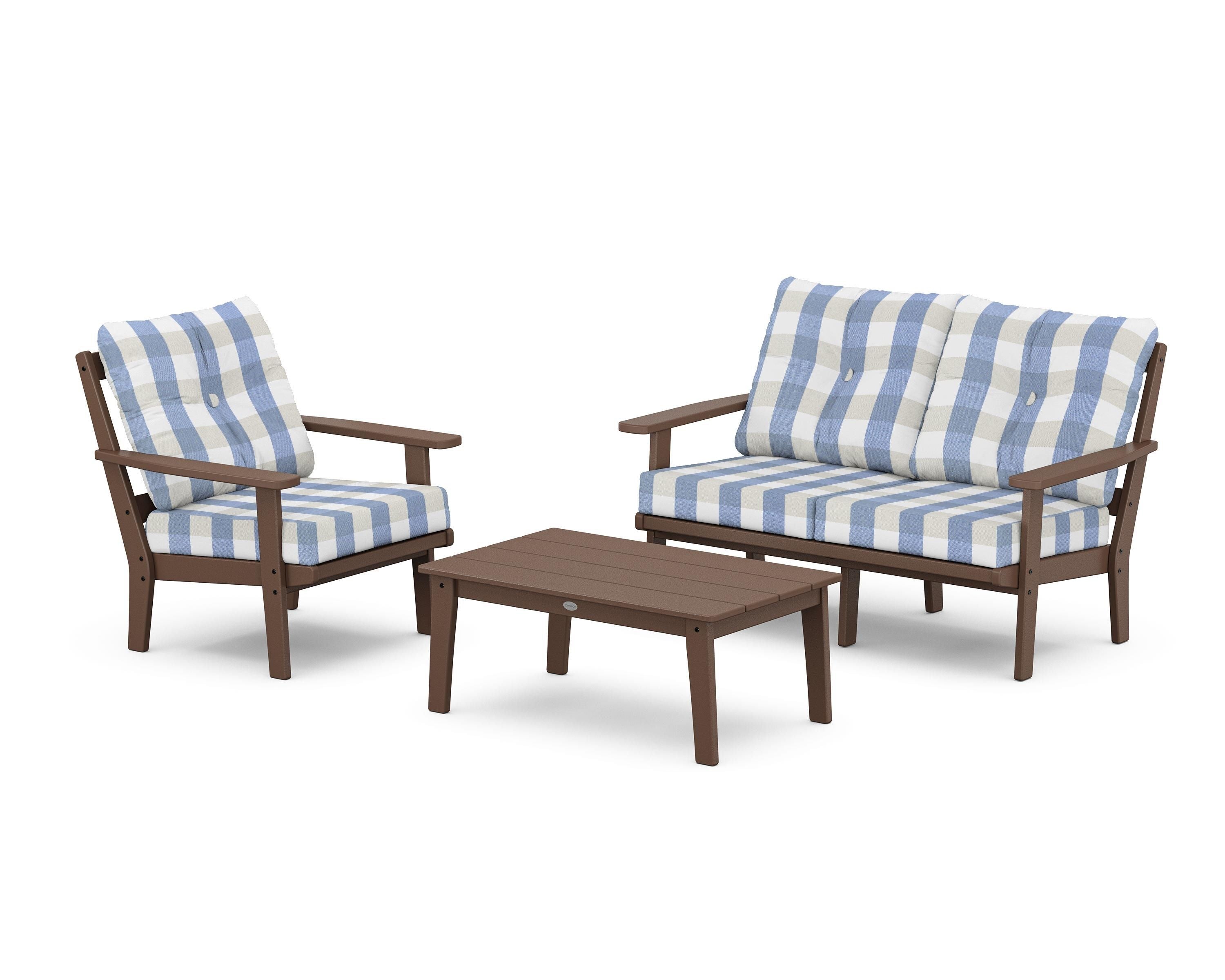 POLYWOOD® Oxford 3-Piece Deep Seating Set with Loveseat in Mahogany / Buffalo Plaid Sky Blue