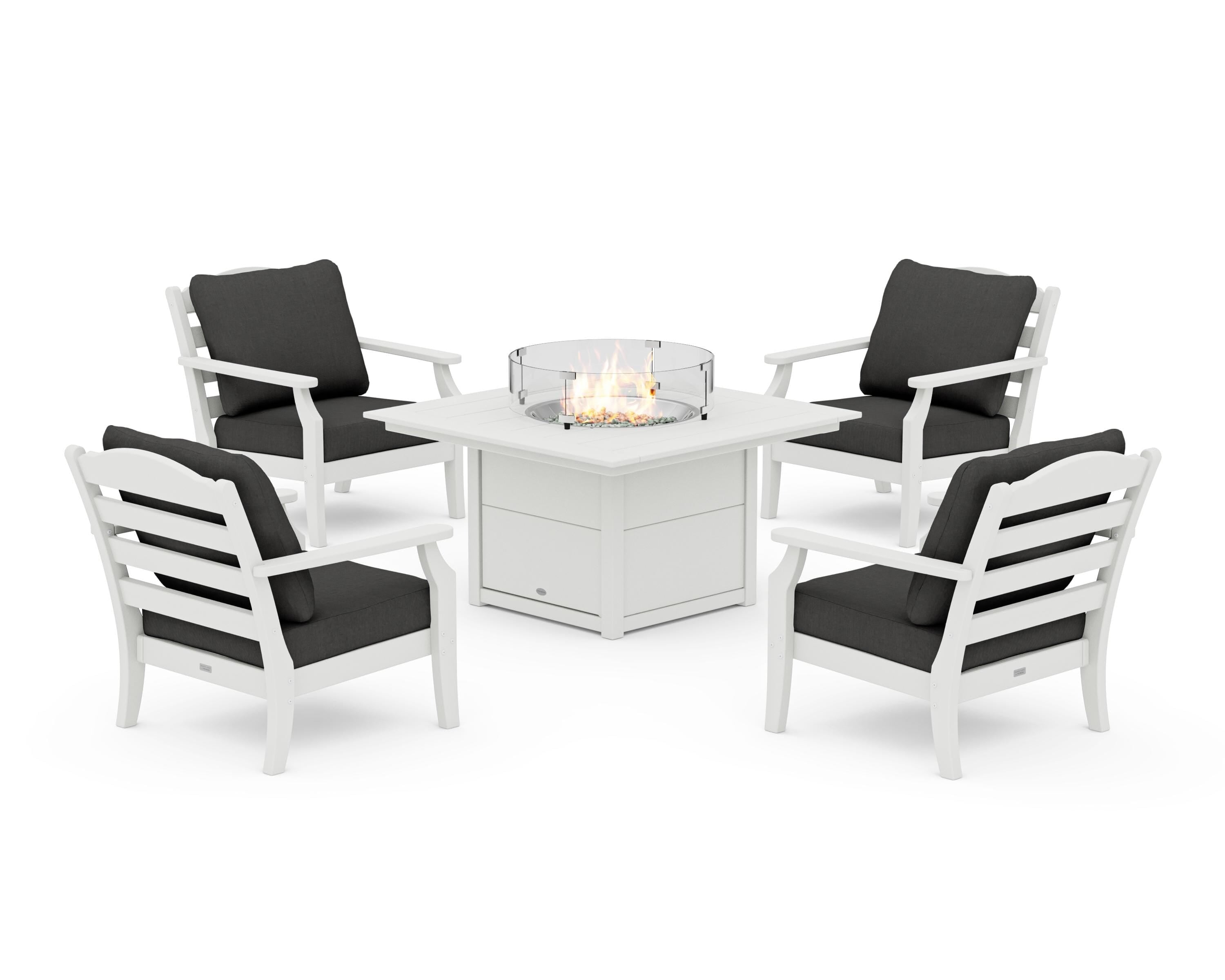 Draper James™ by POLYWOOD® Savannah 5-Piece Deep Seating Set with Fire Pit Table in Vintage White / Spectrum Carbon