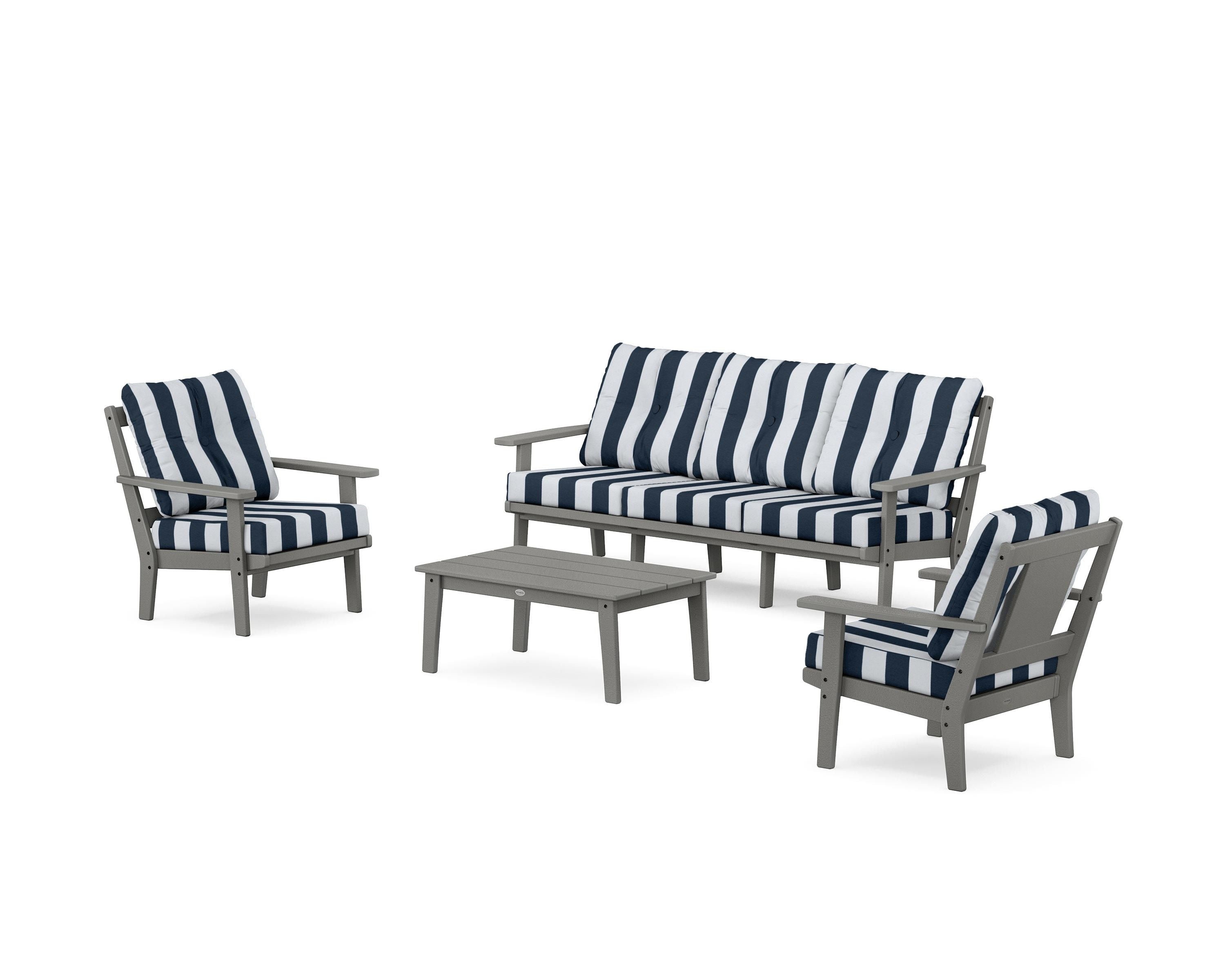 POLYWOOD® Prairie 4-Piece Deep Seating Set with Sofa in Slate Grey / Cabana Stripe Marine Indigo