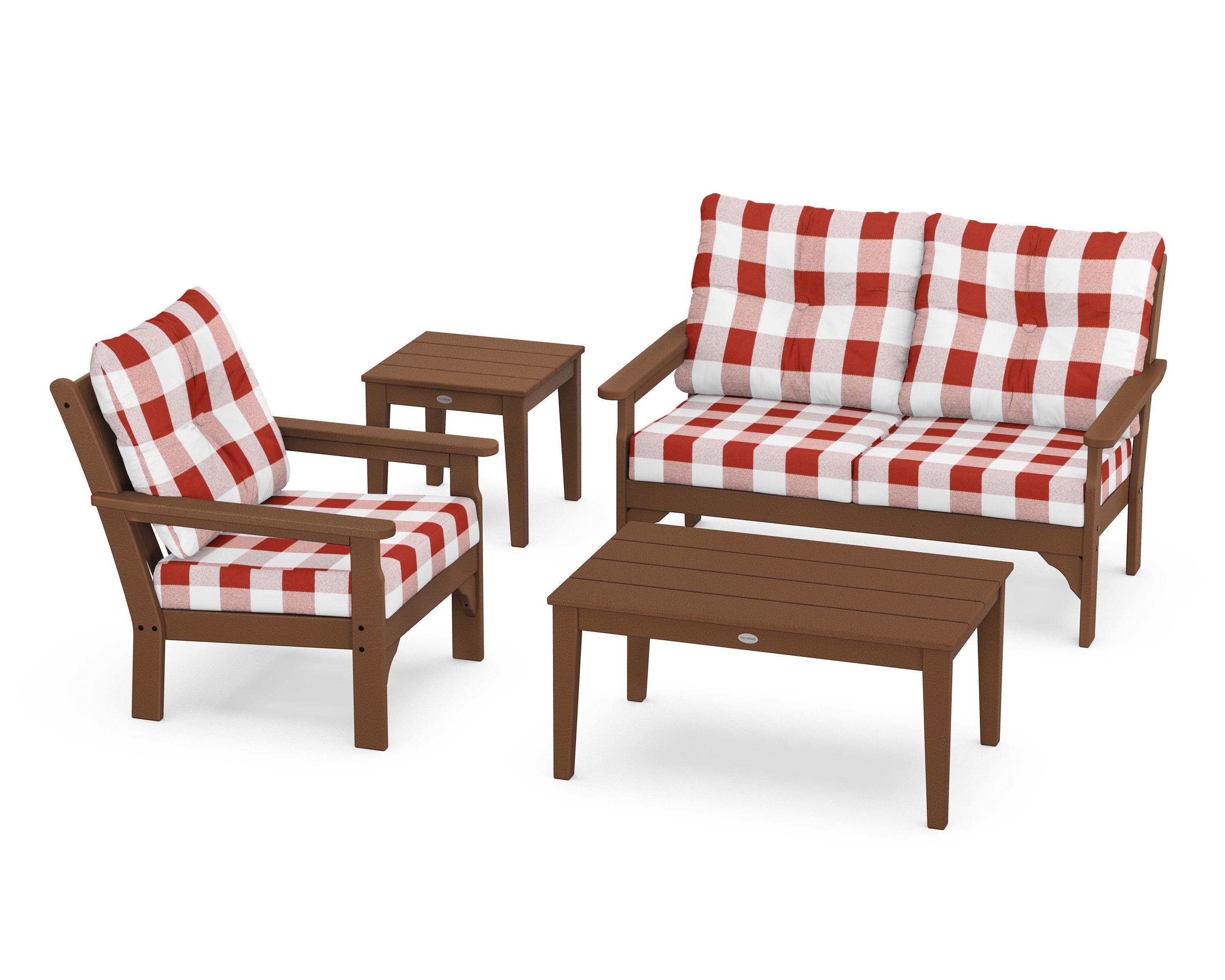 POLYWOOD® Vineyard 4-Piece Deep Seating Set in Teak / Buffalo Plaid Crimson