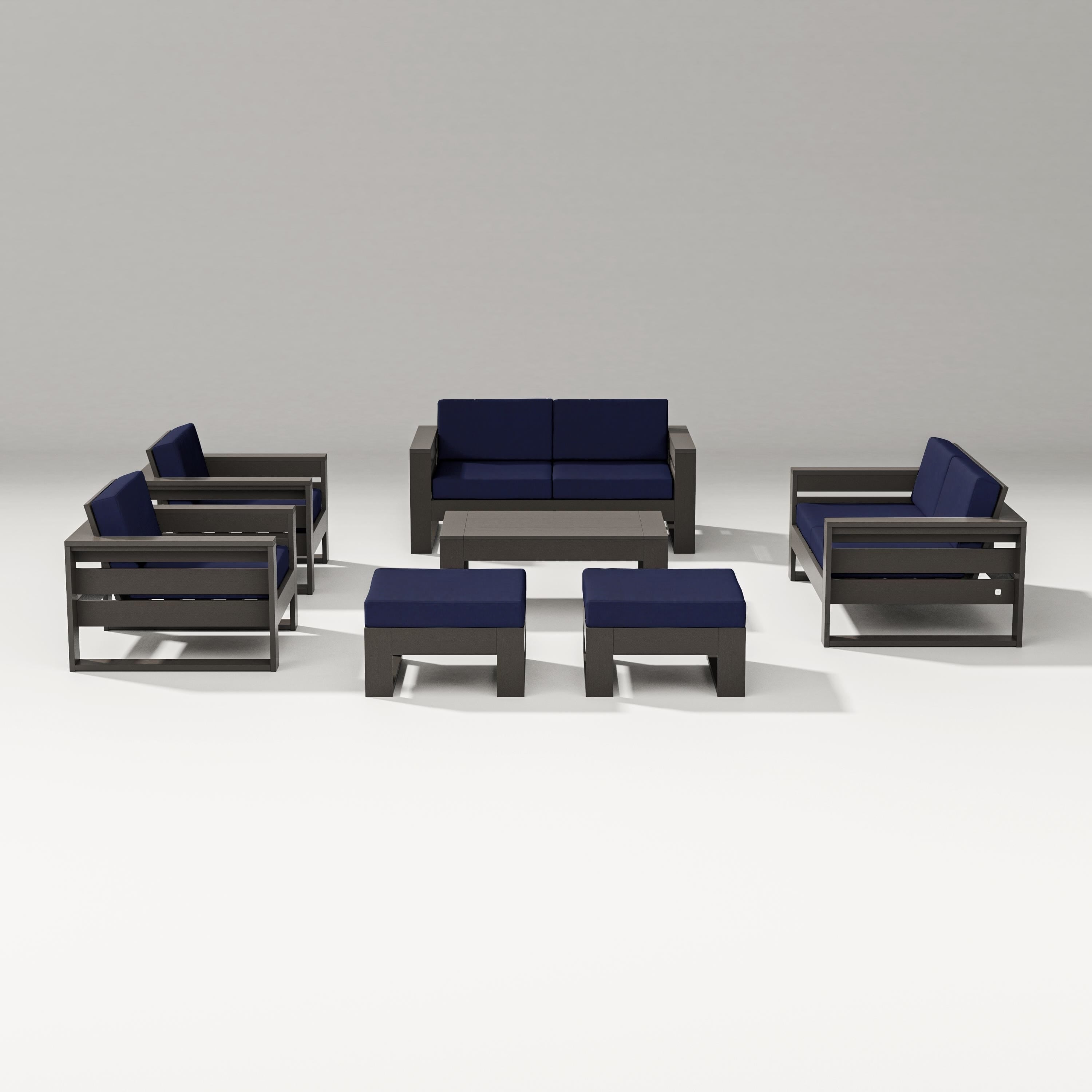 PW Designer Series Latitude 7-Piece Lounge Loveseat Set in Vintage Coffee / Navy