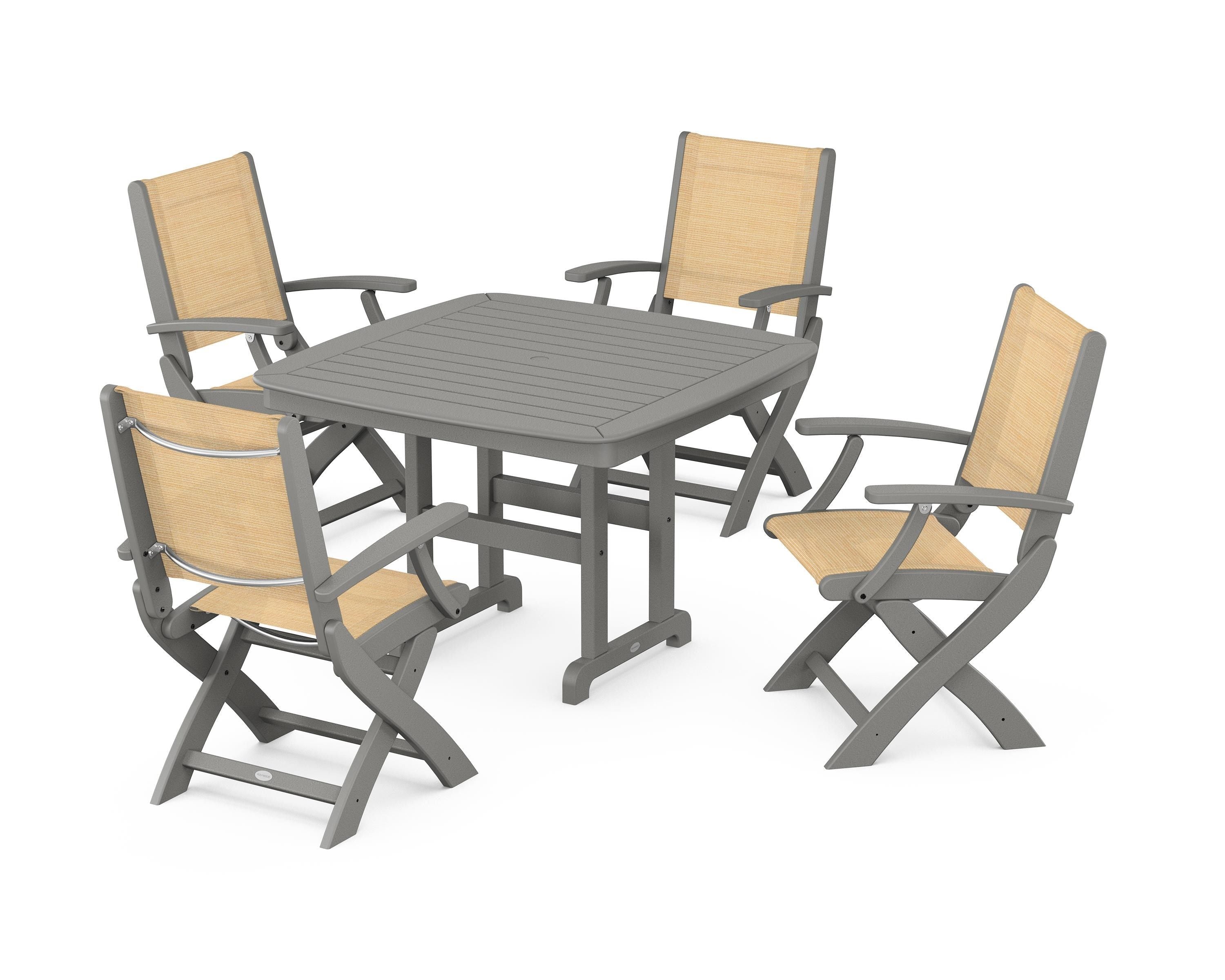 POLYWOOD® Coastal Folding Chair 5-Piece Dining Set in Slate Grey / Dupioni Apricot Sling
