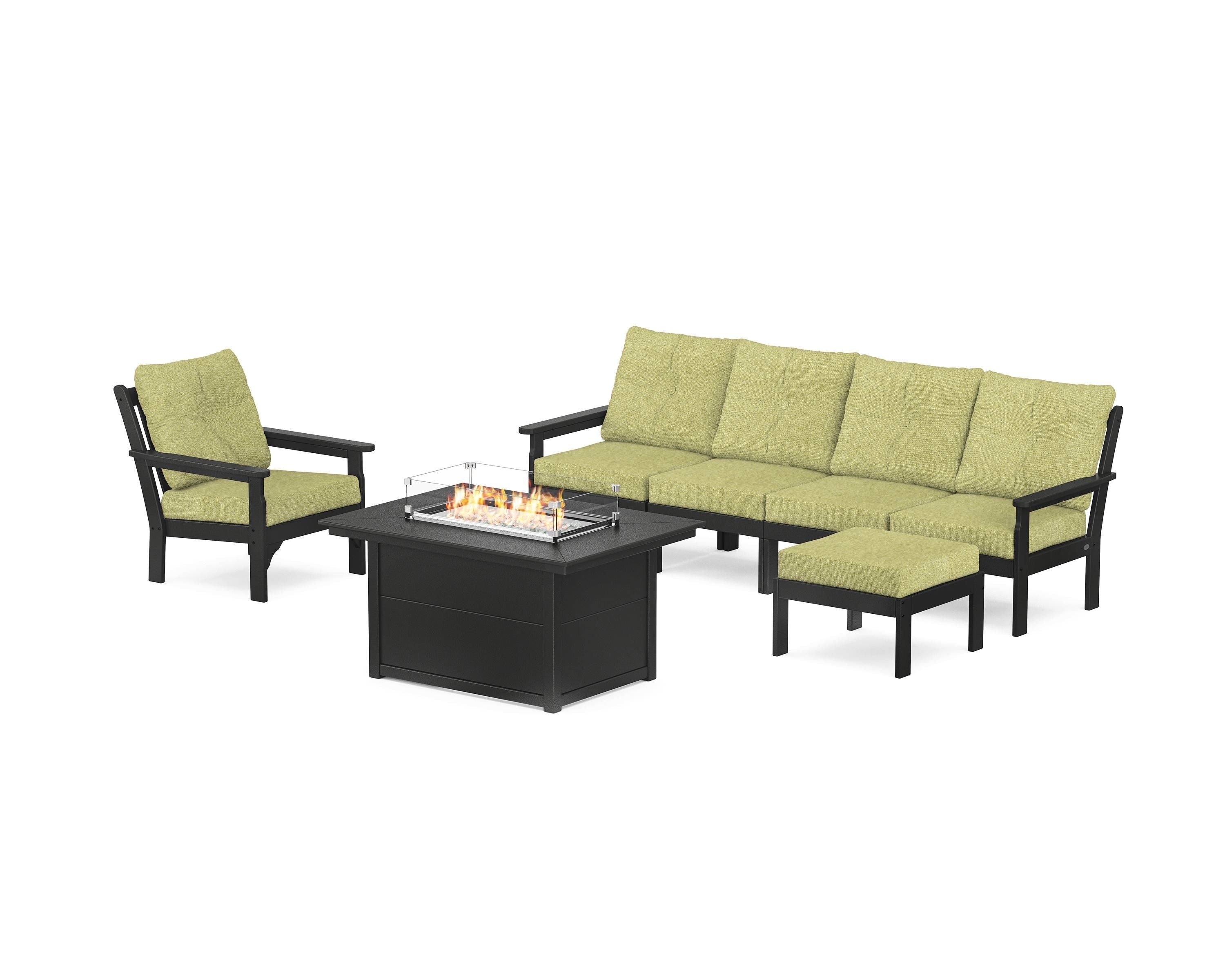 POLYWOOD® Vineyard Sectional Lounge and Fire Pit Set in Black / Chartreuse Boucle