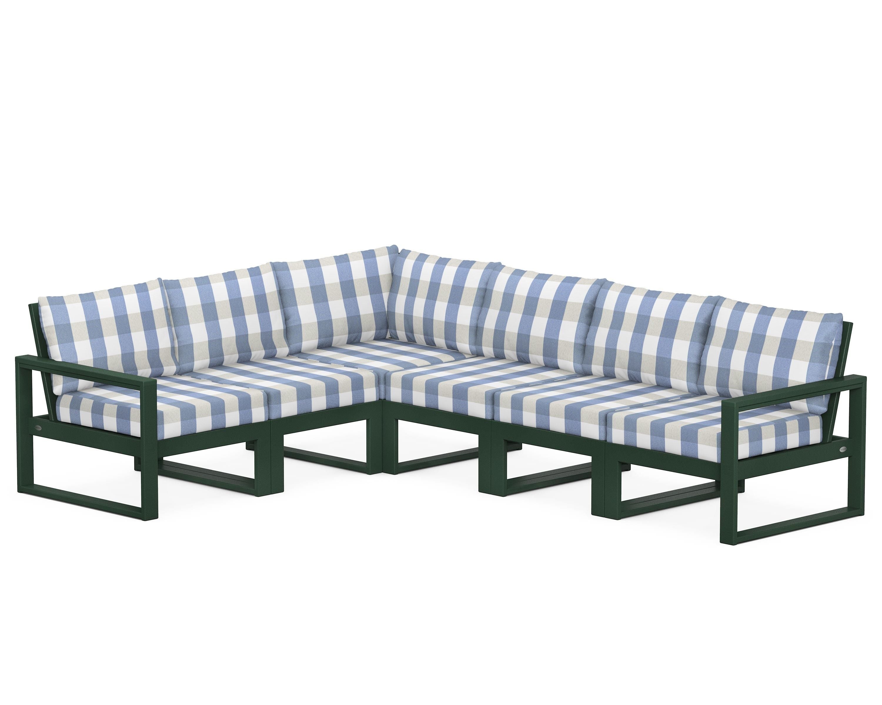 POLYWOOD® EDGE 6-Piece Modular Deep Seating Set in Green / Buffalo Plaid Sky Blue