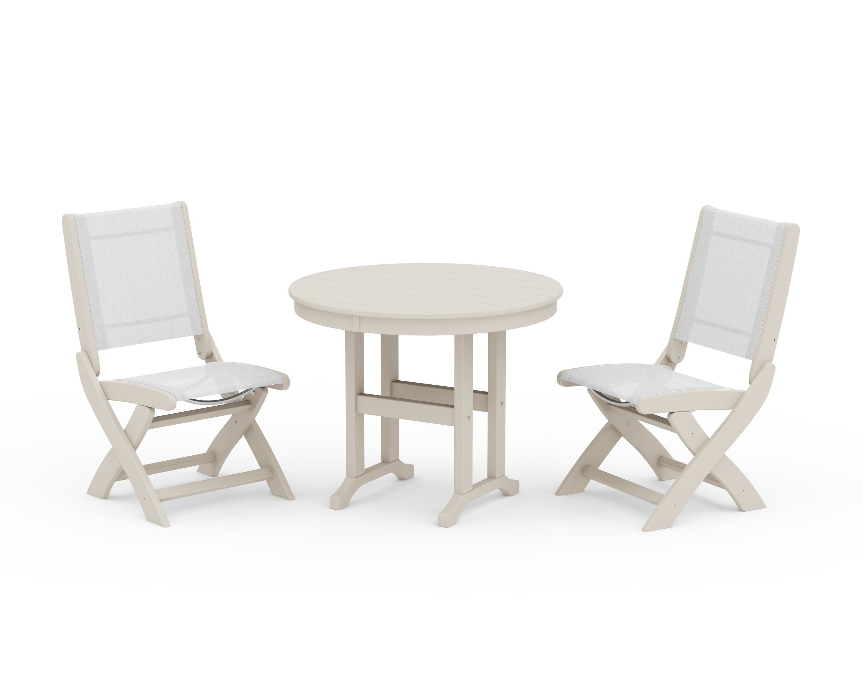 POLYWOOD® Coastal Folding Side Chair 3-Piece Round Dining Set in Sand / White Sling
