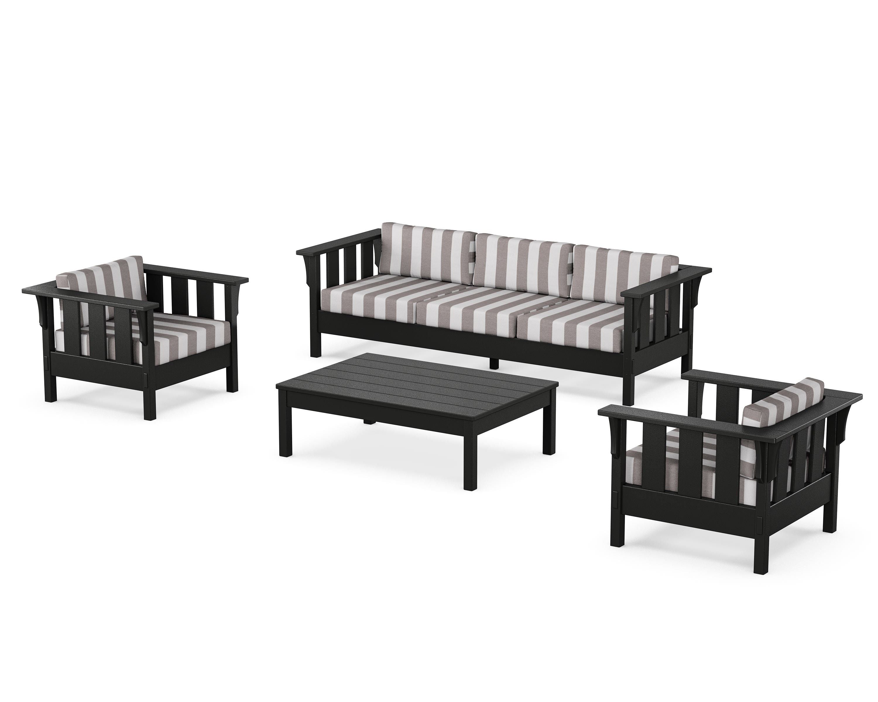 Martha Stewart by POLYWOOD® Acadia 4-Piece Deep Seating Set with Sofa in Black / Cabana Stripe Grey Mist