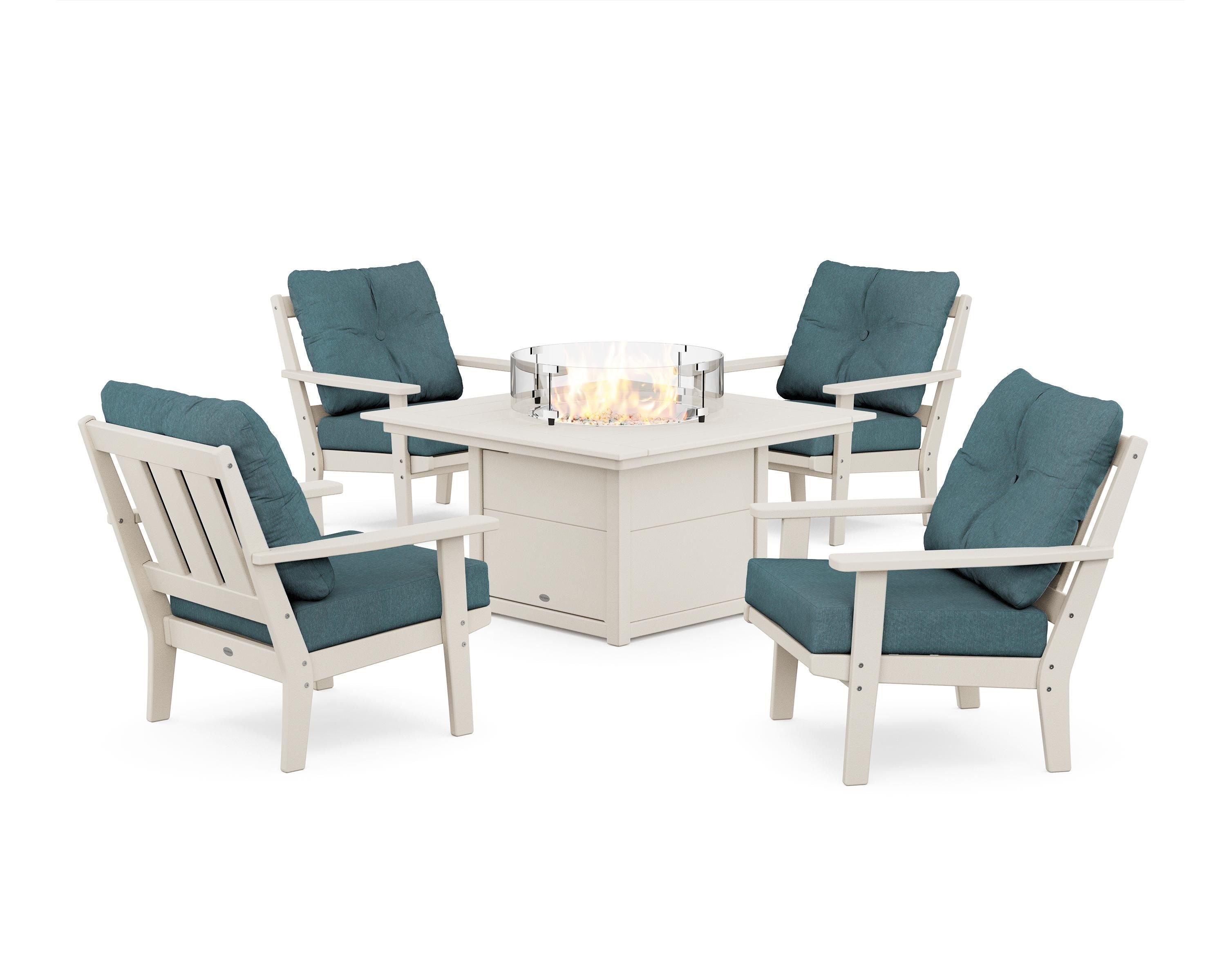 POLYWOOD® Oxford 5-Piece Deep Seating Set with Fire Pit Table in Sand / Ocean Teal