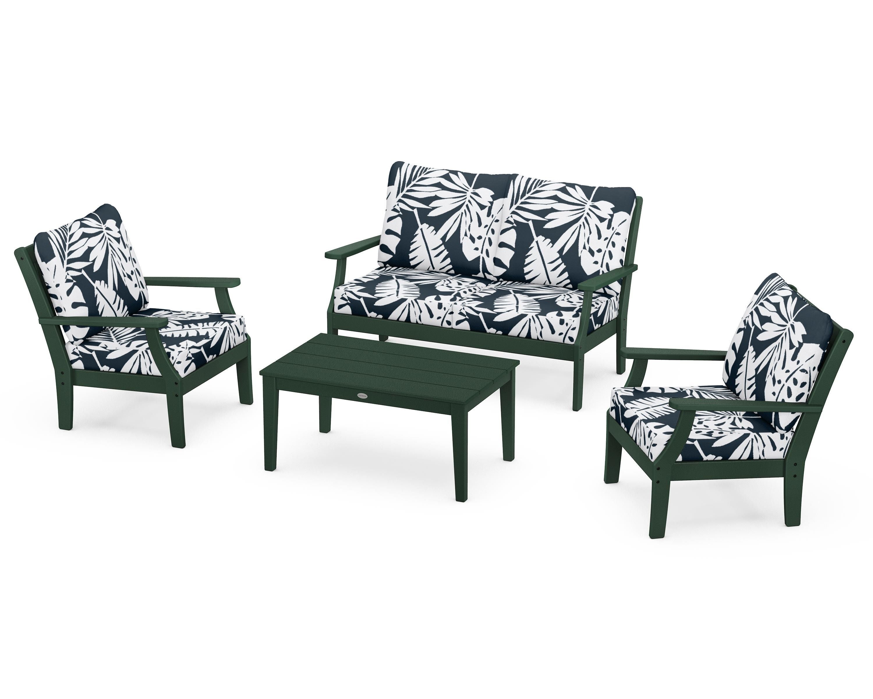 POLYWOOD® Braxton 4-Piece Deep Seating Chair Set in Green / Leaf Marine Indigo