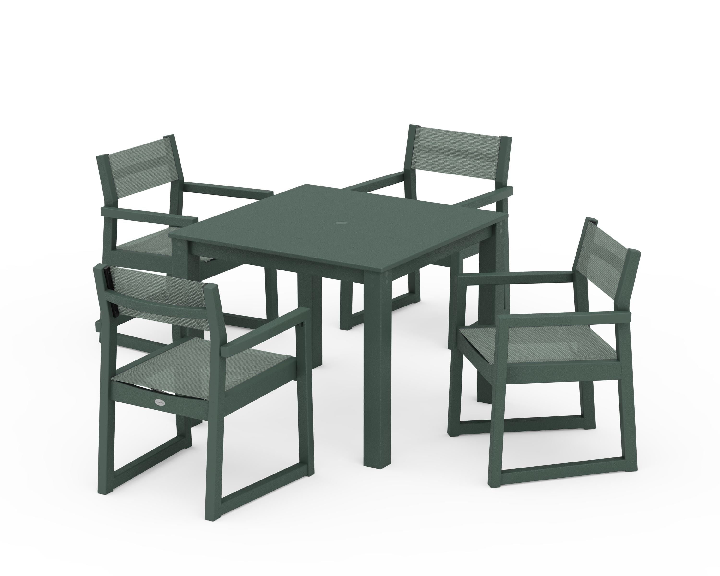 POLYWOOD® EDGE Sling Arm Chair 5-Piece Parsons Dining Set in Green / Dupioni Sea Mist Sling
