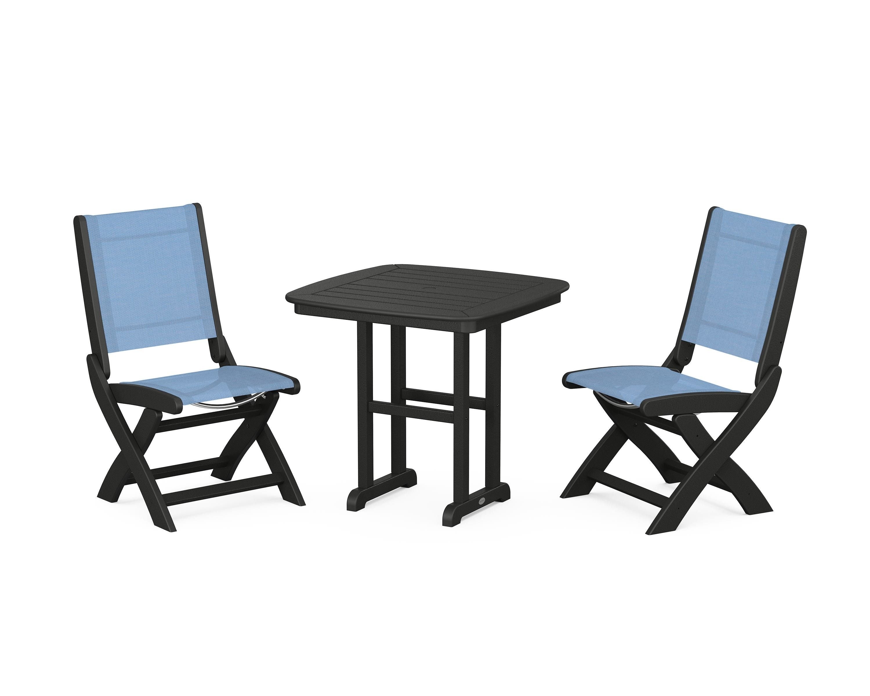 POLYWOOD® Coastal Folding Side Chair 3-Piece Dining Set in Black / Poolside Sling