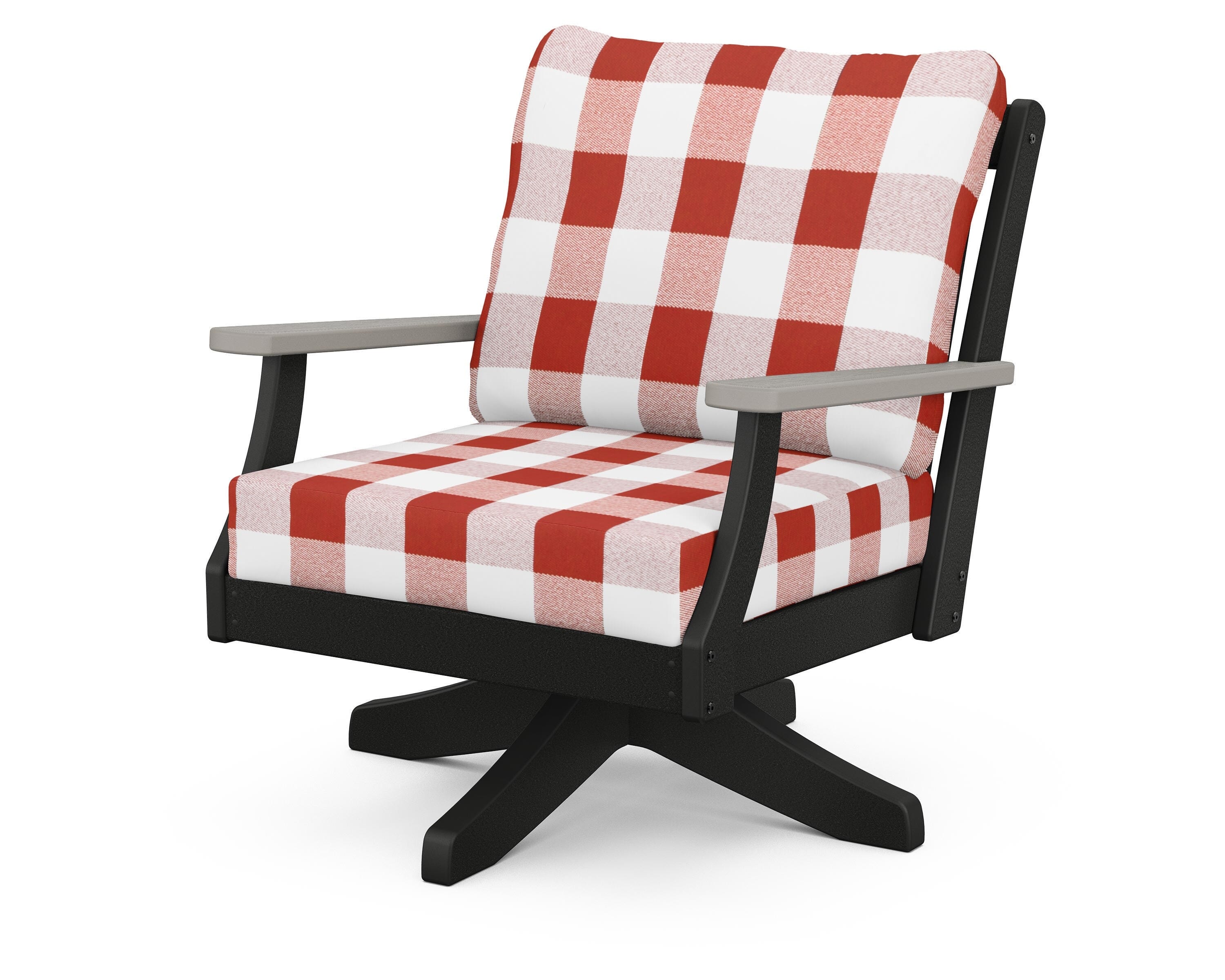 POLYWOOD® Braxton Deep Seating Swivel Chair in Black / Driftwood / Buffalo Plaid Crimson