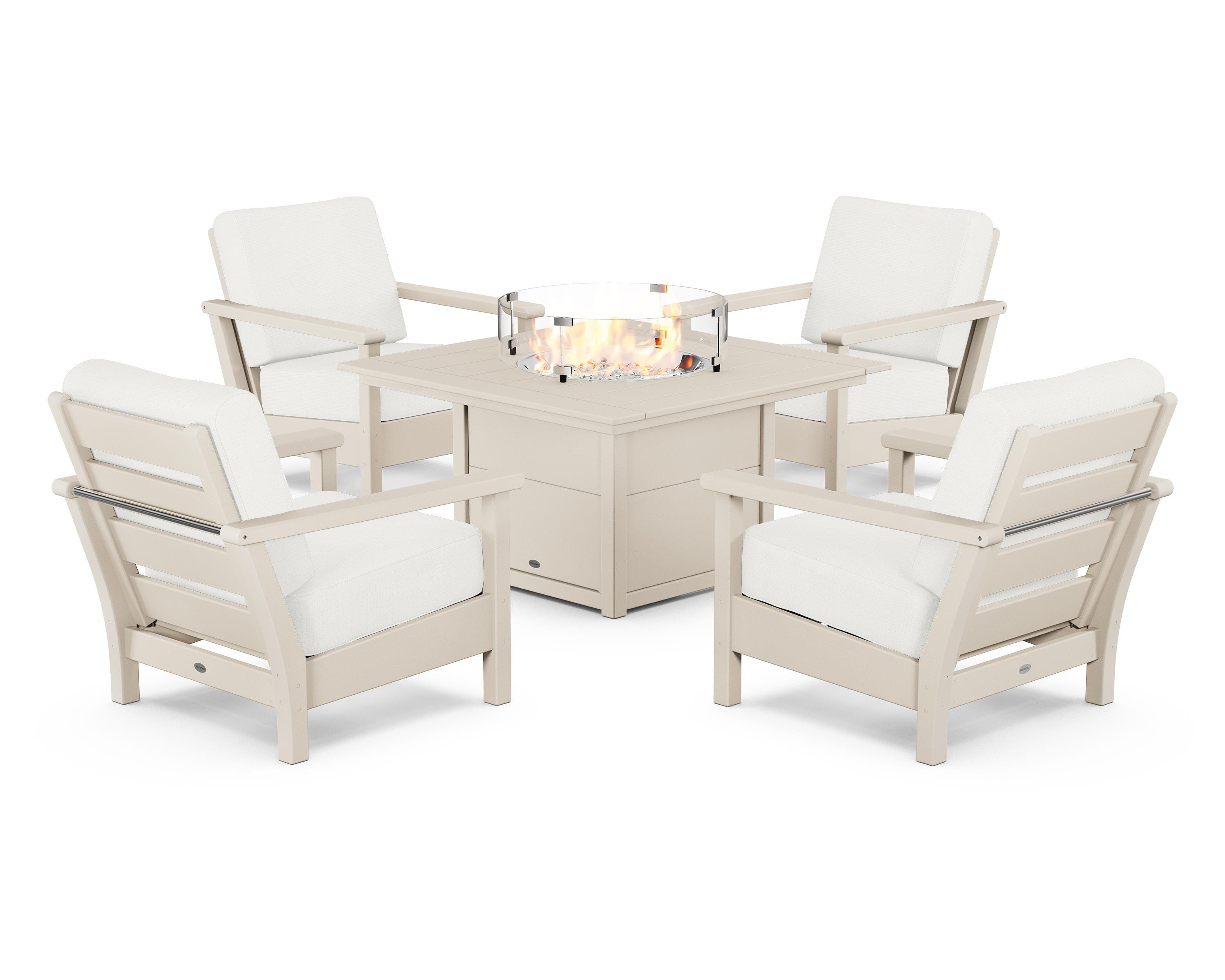 POLYWOOD® Harbour 5-Piece Conversation Set with Fire Pit Table in Sand / Natural Linen