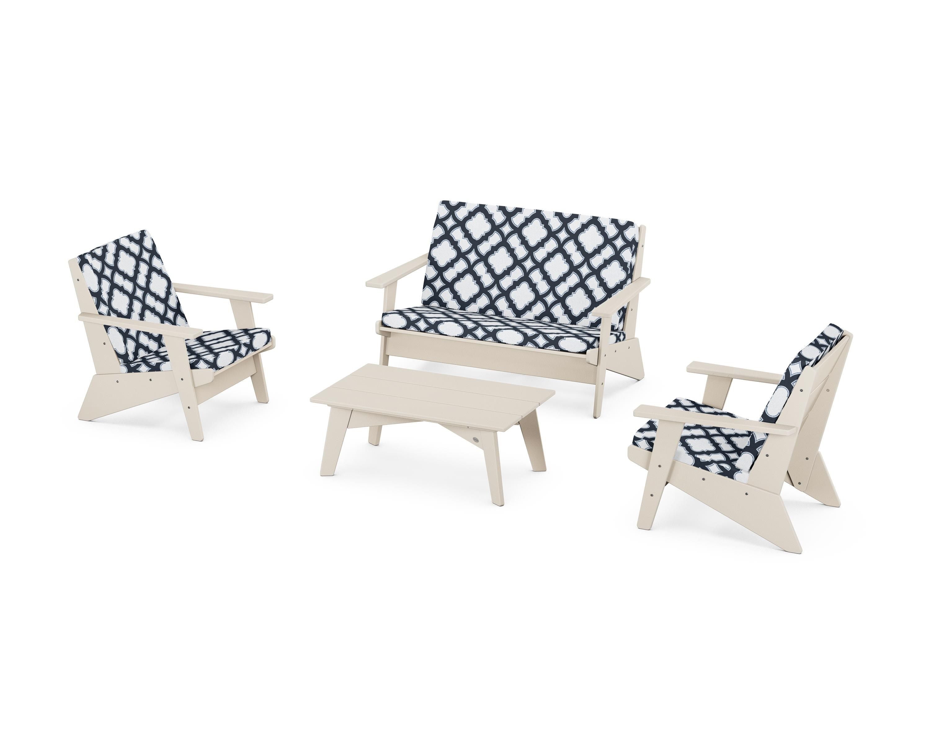 POLYWOOD® Riviera Modern Lounge 4-Piece Set in Sand / Trellis Marine Indigo