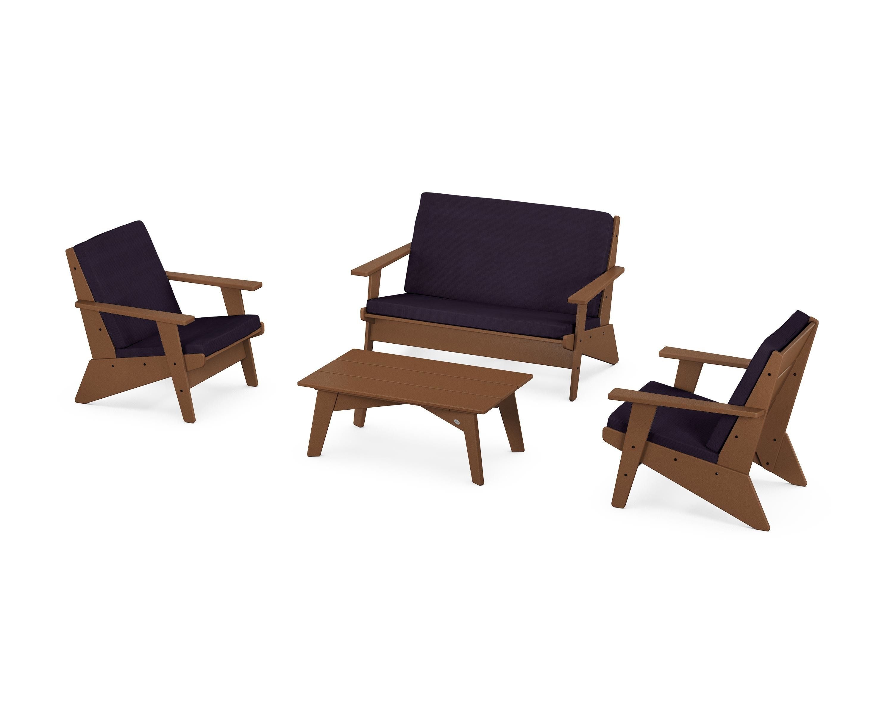 POLYWOOD® Riviera Modern Lounge 4-Piece Set in Teak / Navy Linen